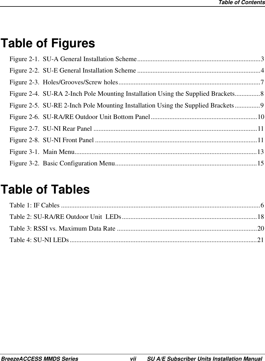  Table of ContentsBreezeACCESS MMDS Series vii SU A/E Subscriber Units Installation ManualTable of FiguresFigure 2-1.  SU-A General Installation Scheme.........................................................................3Figure 2-2.  SU-E General Installation Scheme .........................................................................4Figure 2-3.  Holes/Grooves/Screw holes....................................................................................7Figure 2-4.  SU-RA 2-Inch Pole Mounting Installation Using the Supplied Brackets...............8Figure 2-5.  SU-RE 2-Inch Pole Mounting Installation Using the Supplied Brackets...............9Figure 2-6.  SU-RA/RE Outdoor Unit Bottom Panel...............................................................10Figure 2-7.  SU-NI Rear Panel .................................................................................................11Figure 2-8.  SU-NI Front Panel ................................................................................................11Figure 3-1.  Main Menu............................................................................................................13Figure 3-2.  Basic Configuration Menu....................................................................................15Table of TablesTable 1: IF Cables ......................................................................................................................6Table 2: SU-RA/RE Outdoor Unit  LEDs................................................................................18Table 3: RSSI vs. Maximum Data Rate ...................................................................................20Table 4: SU-NI LEDs...............................................................................................................21