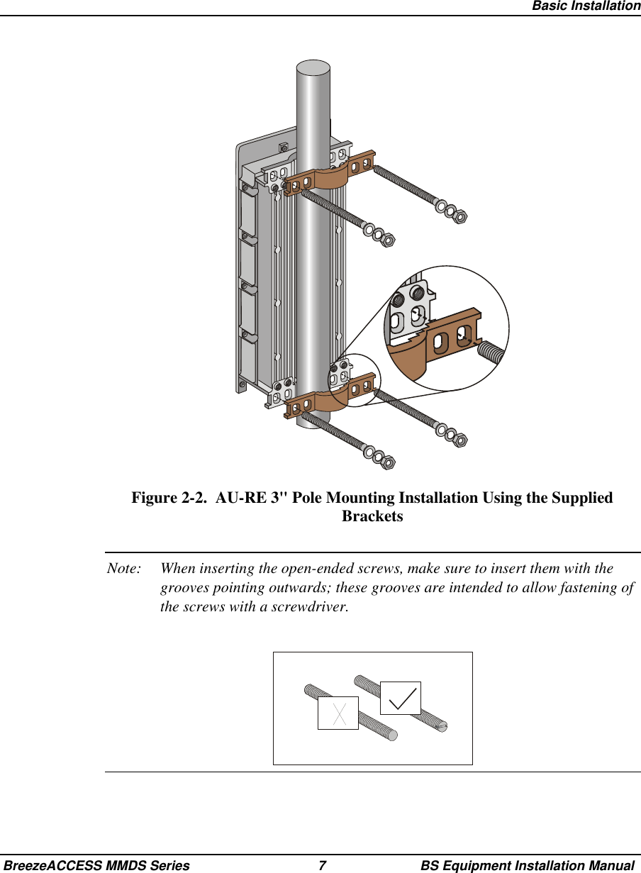 Basic InstallationBreezeACCESS MMDS Series 7 BS Equipment Installation ManualFigure 2-2.  AU-RE 3&quot; Pole Mounting Installation Using the SuppliedBracketsNote: When inserting the open-ended screws, make sure to insert them with thegrooves pointing outwards; these grooves are intended to allow fastening ofthe screws with a screwdriver.