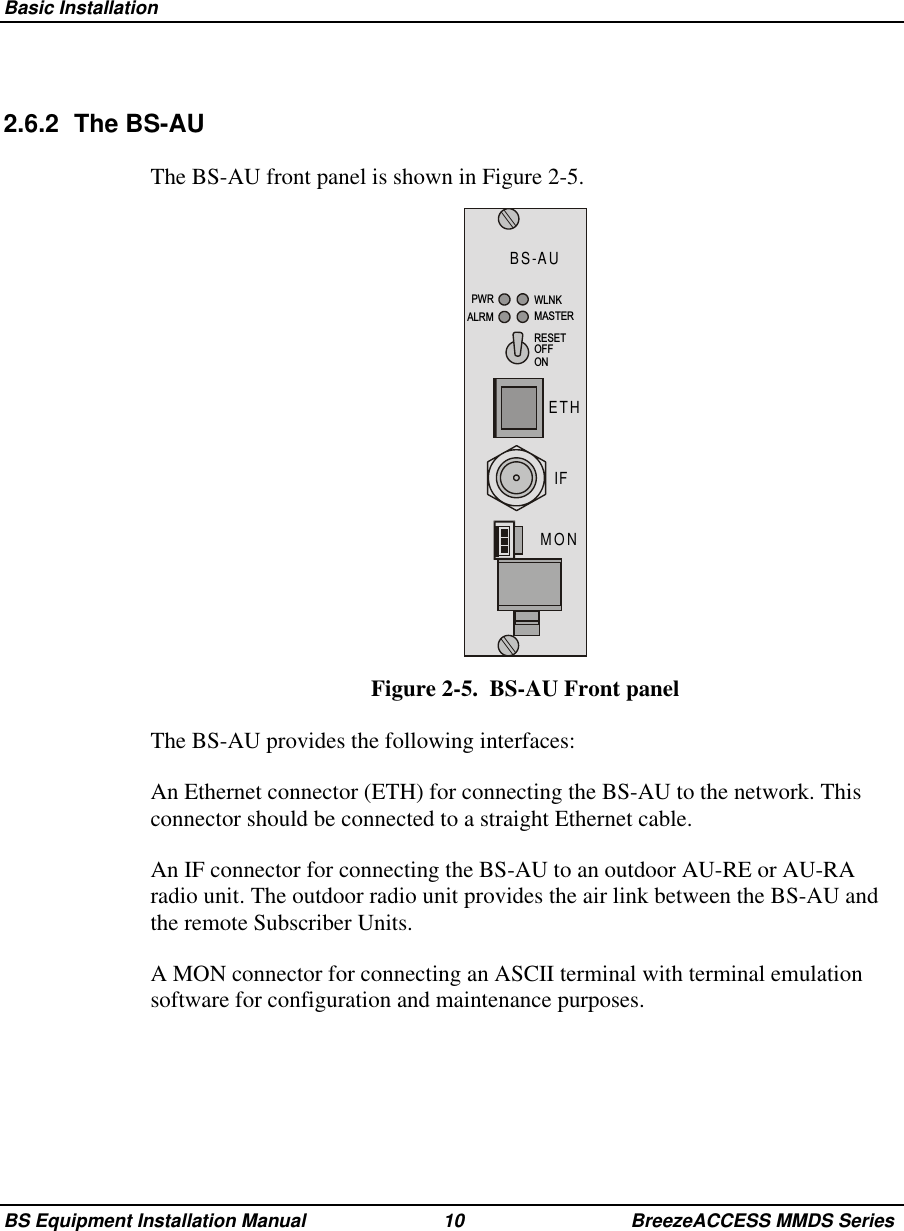 Basic InstallationBS Equipment Installation Manual 10 BreezeACCESS MMDS Series2.6.2 The BS-AUThe BS-AU front panel is shown in Figure 2-5.BS-AUMONIFETH5(6(72))213:5$/50:/1.0$67(5Figure 2-5.  BS-AU Front panelThe BS-AU provides the following interfaces:An Ethernet connector (ETH) for connecting the BS-AU to the network. Thisconnector should be connected to a straight Ethernet cable.An IF connector for connecting the BS-AU to an outdoor AU-RE or AU-RAradio unit. The outdoor radio unit provides the air link between the BS-AU andthe remote Subscriber Units.A MON connector for connecting an ASCII terminal with terminal emulationsoftware for configuration and maintenance purposes.