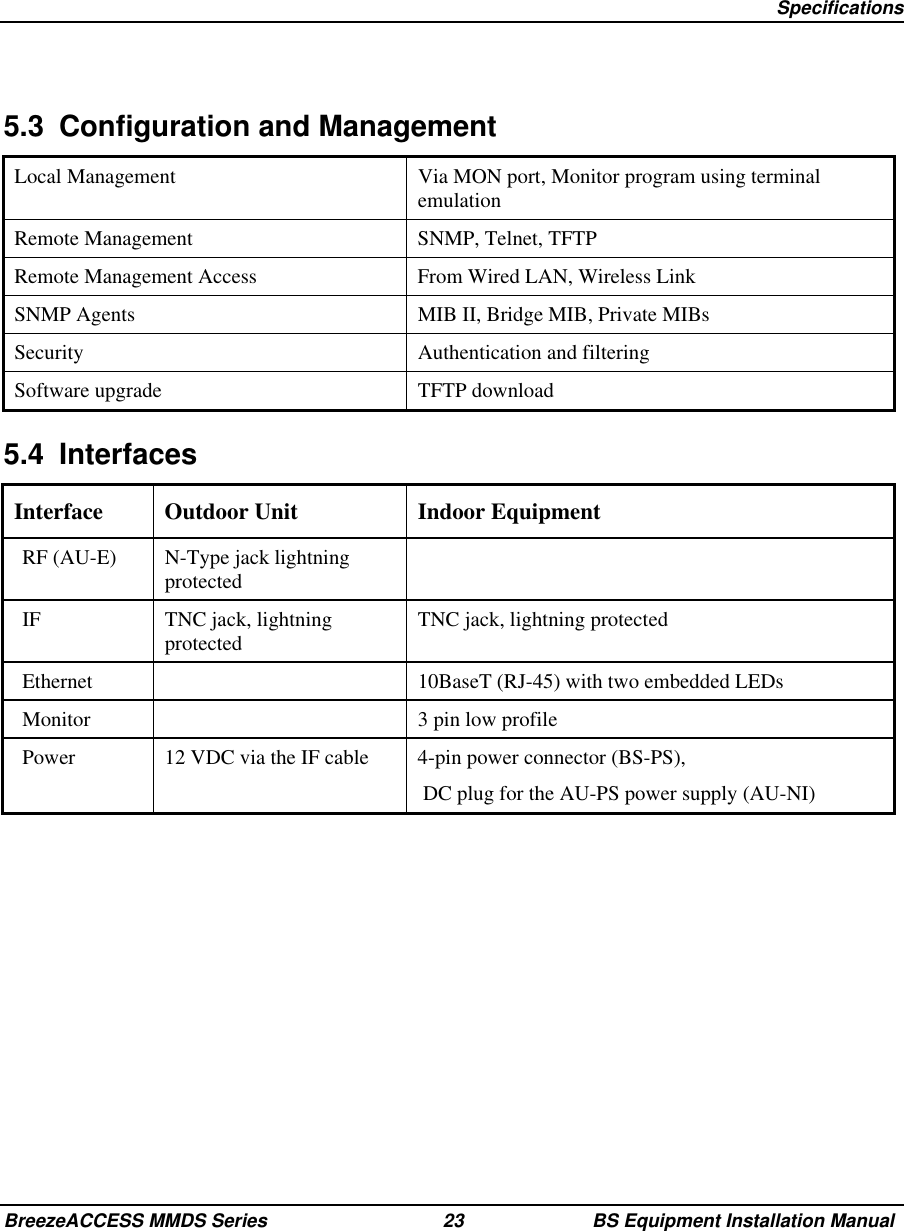 SpecificationsBreezeACCESS MMDS Series 23 BS Equipment Installation Manual5.3  Configuration and ManagementLocal Management Via MON port, Monitor program using terminalemulationRemote Management SNMP, Telnet, TFTPRemote Management Access From Wired LAN, Wireless LinkSNMP Agents MIB II, Bridge MIB, Private MIBsSecurity Authentication and filteringSoftware upgrade TFTP download5.4 InterfacesInterface Outdoor Unit Indoor EquipmentRF (AU-E) N-Type jack lightningprotectedIF TNC jack, lightningprotected TNC jack, lightning protectedEthernet 10BaseT (RJ-45) with two embedded LEDsMonitor 3 pin low profilePower 12 VDC via the IF cable 4-pin power connector (BS-PS), DC plug for the AU-PS power supply (AU-NI)