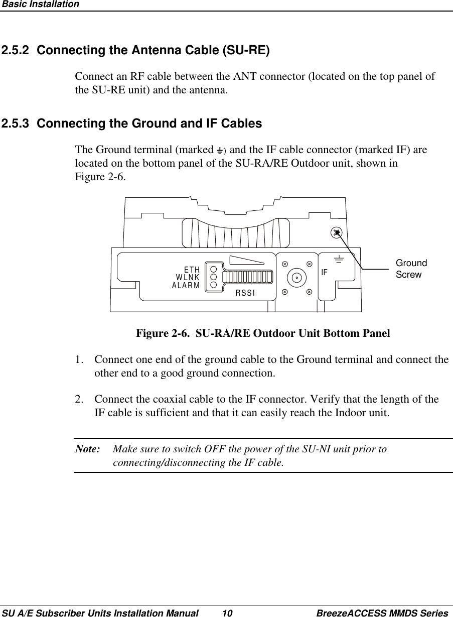  Basic InstallationSU A/E Subscriber Units Installation Manual 10 BreezeACCESS MMDS Series2.5.2  Connecting the Antenna Cable (SU-RE)Connect an RF cable between the ANT connector (located on the top panel ofthe SU-RE unit) and the antenna.2.5.3  Connecting the Ground and IF CablesThe Ground terminal (marked   and the IF cable connector (marked IF) arelocated on the bottom panel of the SU-RA/RE Outdoor unit, shown inFigure 2-6. ETHALARM RSSIIFWLNKFigure 2-6.  SU-RA/RE Outdoor Unit Bottom Panel1.  Connect one end of the ground cable to the Ground terminal and connect theother end to a good ground connection.2.  Connect the coaxial cable to the IF connector. Verify that the length of theIF cable is sufficient and that it can easily reach the Indoor unit.Note: Make sure to switch OFF the power of the SU-NI unit prior toconnecting/disconnecting the IF cable.GroundScrew