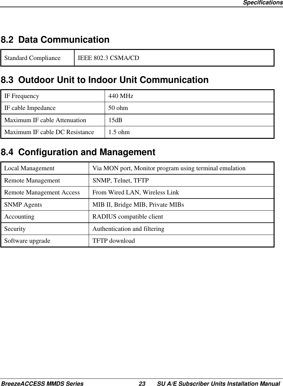  SpecificationsBreezeACCESS MMDS Series 23 SU A/E Subscriber Units Installation Manual8.2 Data CommunicationStandard Compliance IEEE 802.3 CSMA/CD8.3  Outdoor Unit to Indoor Unit CommunicationIF Frequency 440 MHzIF cable Impedance 50 ohmMaximum IF cable Attenuation 15dBMaximum IF cable DC Resistance 1.5 ohm8.4  Configuration and ManagementLocal Management Via MON port, Monitor program using terminal emulationRemote Management SNMP, Telnet, TFTPRemote Management Access From Wired LAN, Wireless LinkSNMP Agents MIB II, Bridge MIB, Private MIBsAccounting RADIUS compatible clientSecurity Authentication and filteringSoftware upgrade TFTP download