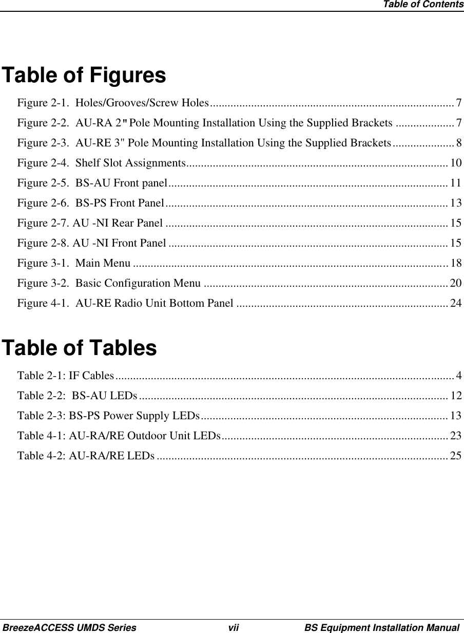   Table of ContentsBreezeACCESS UMDS Series vii BS Equipment Installation ManualTable of FiguresFigure 2-1.  Holes/Grooves/Screw Holes...................................................................................7Figure 2-2.  AU-RA 2&quot; Pole Mounting Installation Using the Supplied Brackets ....................7Figure 2-3.  AU-RE 3&quot; Pole Mounting Installation Using the Supplied Brackets.....................8Figure 2-4.  Shelf Slot Assignments......................................................................................... 10Figure 2-5.  BS-AU Front panel...............................................................................................11Figure 2-6.  BS-PS Front Panel................................................................................................13Figure 2-7. AU -NI Rear Panel ................................................................................................ 15Figure 2-8. AU -NI Front Panel ............................................................................................... 15Figure 3-1.  Main Menu ...........................................................................................................18Figure 3-2.  Basic Configuration Menu ...................................................................................20Figure 4-1.  AU-RE Radio Unit Bottom Panel ........................................................................24Table of TablesTable 2-1: IF Cables................................................................................................................... 4Table 2-2:  BS-AU LEDs......................................................................................................... 12Table 2-3: BS-PS Power Supply LEDs.................................................................................... 13Table 4-1: AU-RA/RE Outdoor Unit LEDs.............................................................................23Table 4-2: AU-RA/RE LEDs ...................................................................................................25