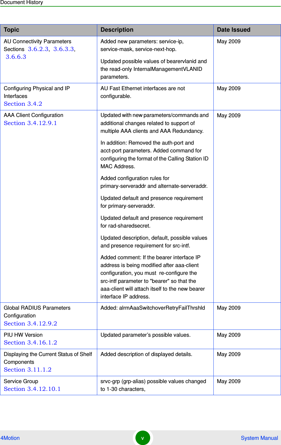 Document History4Motion v System ManualAU Connectivity Parameters Sections  3.6.2.3,  3.6.3.3,  3.6.6.3Added new parameters: service-ip, service-mask, service-next-hop.Updated possible values of bearervlanid and the read-only InternalManagementVLANID parameters.May 2009Configuring Physical and IP Interfaces Section 3.4.2AU Fast Ethernet interfaces are not configurable.May 2009AAA Client Configuration Section 3.4.12.9.1Updated with new parameters/commands and additional changes related to support of multiple AAA clients and AAA Redundancy.In addition: Removed the auth-port and acct-port parameters. Added command for configuring the format of the Calling Station ID MAC Address.Added configuration rules for primary-serveraddr and alternate-serveraddr.Updated default and presence requirement for primary-serveraddr.Updated default and presence requirement for rad-sharedsecret.Updated description, default, possible values and presence requirement for src-intf.Added comment: If the bearer interface IP address is being modified after aaa-client configuration, you must  re-configure the src-intf parameter to &quot;bearer&quot; so that the aaa-client will attach itself to the new bearer interface IP address.May 2009Global RADIUS Parameters Configuration Section 3.4.12.9.2Added: alrmAaaSwitchoverRetryFailThrshld  May 2009PIU HW Version Section 3.4.16.1.2Updated parameter’s possible values. May 2009Displaying the Current Status of Shelf Components Section 3.11.1.2Added description of displayed details. May 2009Service Group Section 3.4.12.10.1srvc-grp (grp-alias) possible values changed to 1-30 characters,May 2009Topic Description Date Issued