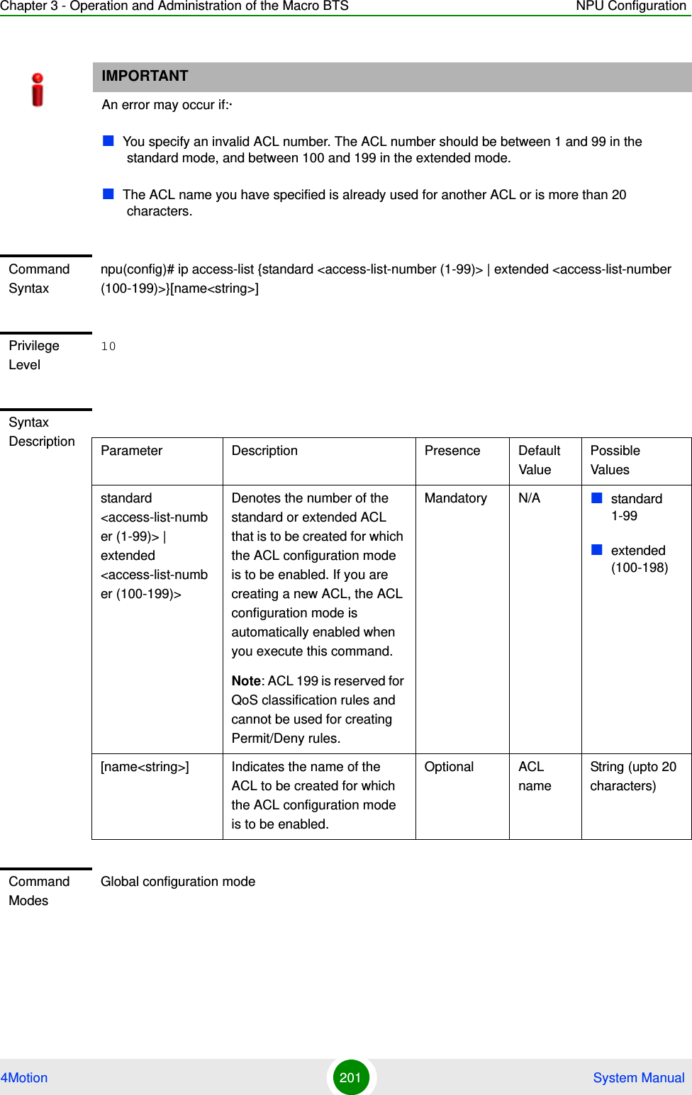 Chapter 3 - Operation and Administration of the Macro BTS NPU Configuration4Motion 201  System ManualIMPORTANTAn error may occur if:·You specify an invalid ACL number. The ACL number should be between 1 and 99 in the standard mode, and between 100 and 199 in the extended mode.The ACL name you have specified is already used for another ACL or is more than 20 characters.Command Syntaxnpu(config)# ip access-list {standard &lt;access-list-number (1-99)&gt; | extended &lt;access-list-number (100-199)&gt;}[name&lt;string&gt;]Privilege Level10Syntax Description Parameter Description Presence Default ValuePossible Valuesstandard &lt;access-list-number (1-99)&gt; | extended &lt;access-list-number (100-199)&gt;Denotes the number of the standard or extended ACL that is to be created for which the ACL configuration mode is to be enabled. If you are creating a new ACL, the ACL configuration mode is automatically enabled when you execute this command.Note: ACL 199 is reserved for QoS classification rules and cannot be used for creating Permit/Deny rules.Mandatory N/A standard 1-99extended (100-198)[name&lt;string&gt;] Indicates the name of the ACL to be created for which the ACL configuration mode is to be enabled. Optional ACL nameString (upto 20 characters)Command ModesGlobal configuration mode