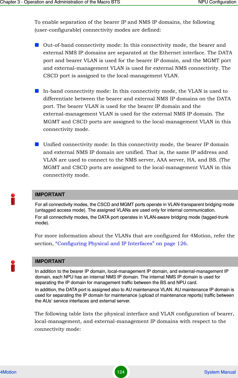 Chapter 3 - Operation and Administration of the Macro BTS NPU Configuration4Motion 124  System ManualTo enable separation of the bearer IP and NMS IP domains, the following (user-configurable) connectivity modes are defined:Out-of-band connectivity mode: In this connectivity mode, the bearer and external NMS IP domains are separated at the Ethernet interface. The DATA port and bearer VLAN is used for the bearer IP domain, and the MGMT port and external-management VLAN is used for external NMS connectivity. The CSCD port is assigned to the local-management VLAN.In-band connectivity mode: In this connectivity mode, the VLAN is used to differentiate between the bearer and external NMS IP domains on the DATA port. The bearer VLAN is used for the bearer IP domain and the external-management VLAN is used for the external NMS IP domain. The MGMT and CSCD ports are assigned to the local-management VLAN in this connectivity mode.Unified connectivity mode: In this connectivity mode, the bearer IP domain and external NMS IP domain are unified. That is, the same IP address and VLAN are used to connect to the NMS server, AAA server, HA, and BS. (The MGMT and CSCD ports are assigned to the local-management VLAN in this connectivity mode.For more information about the VLANs that are configured for 4Motion, refer the section, “Configuring Physical and IP Interfaces” on page 126.The following table lists the physical interface and VLAN configuration of bearer, local-management, and external-management IP domains with respect to the connectivity mode:IMPORTANTFor all connectivity modes, the CSCD and MGMT ports operate in VLAN-transparent bridging mode (untagged access mode). The assigned VLANs are used only for internal communication.For all connectivity modes, the DATA port operates in VLAN-aware bridging mode (tagged-trunk mode).IMPORTANTIn addition to the bearer IP domain, local-management IP domain, and external-management IP domain, each NPU has an internal NMS IP domain. The internal NMS IP domain is used for separating the IP domain for management traffic between the BS and NPU card. In addition, the DATA port is assigned also to AU maintenance VLAN. AU maintenance IP domain is used for separating the IP domain for maintenance (upload of maintenance reports) traffic between the AUs’ service interfaces and external server. 