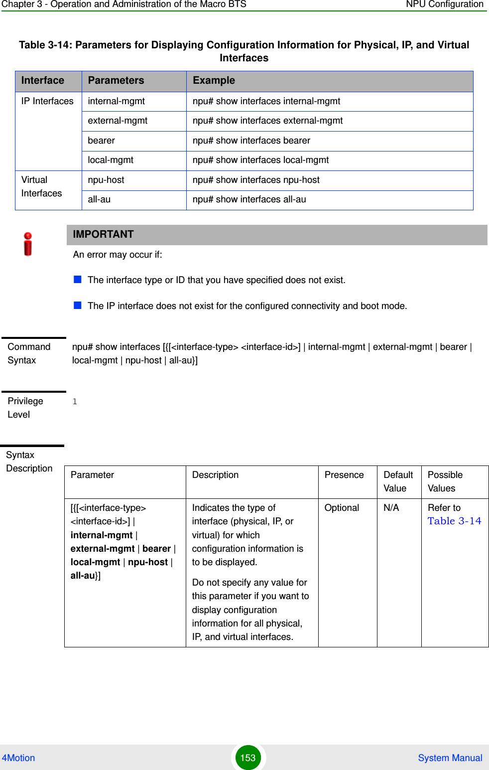 Chapter 3 - Operation and Administration of the Macro BTS NPU Configuration4Motion 153  System ManualIP Interfaces internal-mgmt npu# show interfaces internal-mgmt external-mgmt npu# show interfaces external-mgmt bearer npu# show interfaces bearer local-mgmt npu# show interfaces local-mgmt Virtual Interfacesnpu-host npu# show interfaces npu-hostall-au npu# show interfaces all-auIMPORTANTAn error may occur if:The interface type or ID that you have specified does not exist.The IP interface does not exist for the configured connectivity and boot mode.Command Syntaxnpu# show interfaces [{[&lt;interface-type&gt; &lt;interface-id&gt;] | internal-mgmt | external-mgmt | bearer | local-mgmt | npu-host | all-au}]Privilege Level1Syntax Description Parameter Description Presence Default ValuePossible Values[{[&lt;interface-type&gt; &lt;interface-id&gt;] | internal-mgmt | external-mgmt | bearer | local-mgmt | npu-host | all-au}]Indicates the type of interface (physical, IP, or virtual) for which configuration information is to be displayed. Do not specify any value for this parameter if you want to display configuration information for all physical, IP, and virtual interfaces.Optional N/A Refer to  Table 3-14Table 3-14: Parameters for Displaying Configuration Information for Physical, IP, and Virtual InterfacesInterface Parameters Example