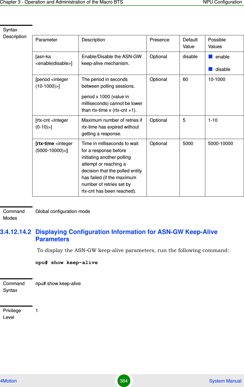 Chapter 3 - Operation and Administration of the Macro BTS NPU Configuration4Motion 384  System Manual3.4.12.14.2 Displaying Configuration Information for ASN-GW Keep-Alive Parameters To display the ASN-GW keep-alive parameters, run the following command:npu# show keep-aliveSyntax Description Parameter Description Presence Default ValuePossible Values[asn-ka &lt;enable|disable&gt;]Enable/Disable the ASN-GW keep-alive mechanism.Optional disable enabledisable[period &lt;integer (10-1000)&gt;]The period in seconds between polling sessions.period x 1000 (value in milliseconds) cannot be lower than rtx-time x (rtx-cnt +1).Optional 60 10-1000[rtx-cnt &lt;integer (0-10)&gt;]Maximum number of retries if rtx-time has expired without getting a response.Optional 5 1-10[rtx-time &lt;integer (5000-10000)&gt;]Time in milliseconds to wait for a response before initiating another polling attempt or reaching a decision that the polled entity has failed (if the maximum number of retries set by rtx-cnt has been reached).Optional 5000 5000-10000Command ModesGlobal configuration modeCommand Syntaxnpu# show keep-alivePrivilege Level1