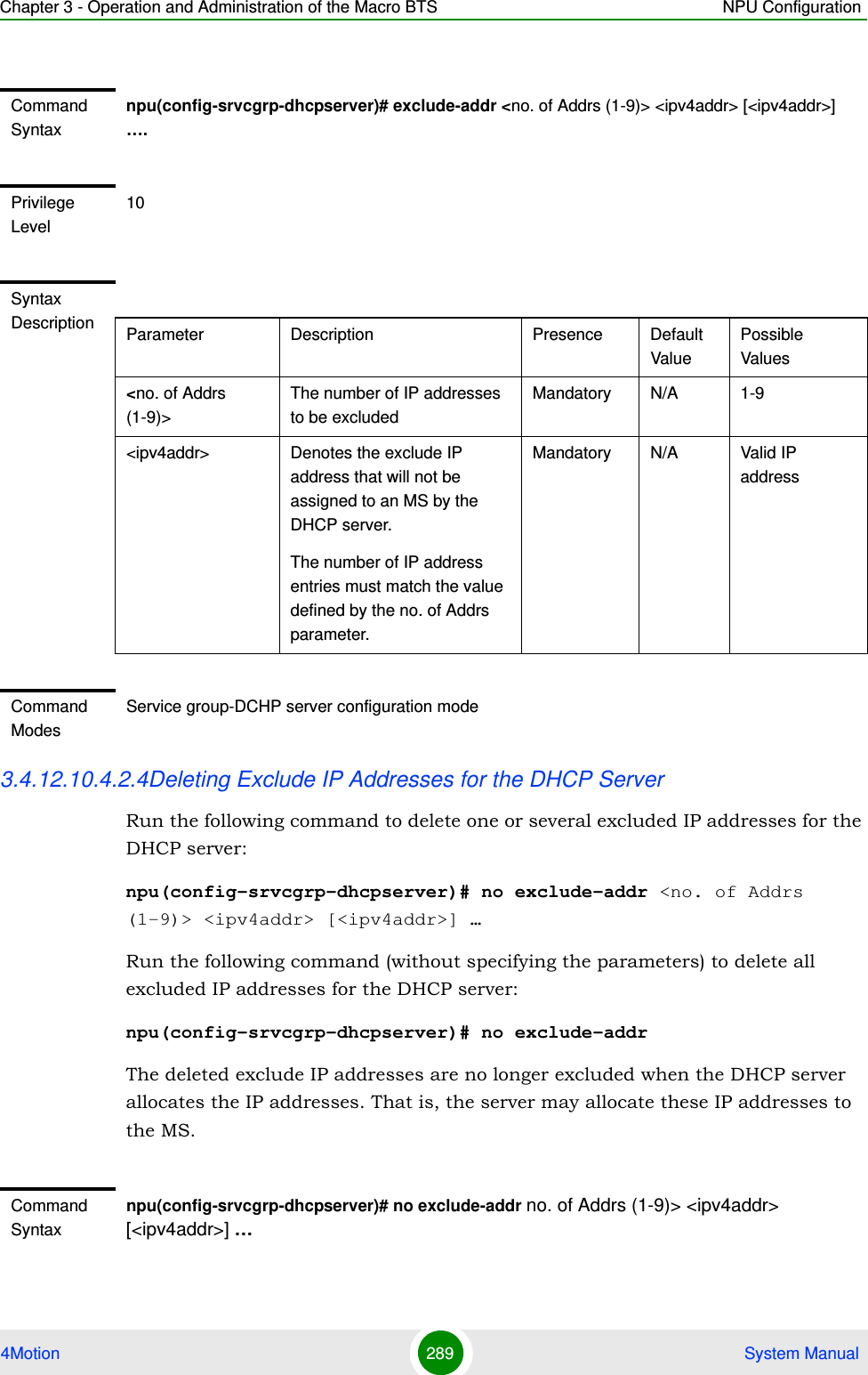 Chapter 3 - Operation and Administration of the Macro BTS NPU Configuration4Motion 289  System Manual3.4.12.10.4.2.4Deleting Exclude IP Addresses for the DHCP ServerRun the following command to delete one or several excluded IP addresses for the DHCP server: npu(config-srvcgrp-dhcpserver)# no exclude-addr &lt;no. of Addrs (1-9)&gt; &lt;ipv4addr&gt; [&lt;ipv4addr&gt;] …Run the following command (without specifying the parameters) to delete all excluded IP addresses for the DHCP server: npu(config-srvcgrp-dhcpserver)# no exclude-addrThe deleted exclude IP addresses are no longer excluded when the DHCP server allocates the IP addresses. That is, the server may allocate these IP addresses to the MS.Command Syntaxnpu(config-srvcgrp-dhcpserver)# exclude-addr &lt;no. of Addrs (1-9)&gt; &lt;ipv4addr&gt; [&lt;ipv4addr&gt;] ….Privilege Level10Syntax Description Parameter Description Presence Default ValuePossible Values&lt;no. of Addrs (1-9)&gt;The number of IP addresses to be excludedMandatory N/A 1-9&lt;ipv4addr&gt; Denotes the exclude IP address that will not be assigned to an MS by the DHCP server.The number of IP address entries must match the value defined by the no. of Addrs parameter.Mandatory N/A Valid IP addressCommand ModesService group-DCHP server configuration modeCommand Syntaxnpu(config-srvcgrp-dhcpserver)# no exclude-addr no. of Addrs (1-9)&gt; &lt;ipv4addr&gt; [&lt;ipv4addr&gt;] …