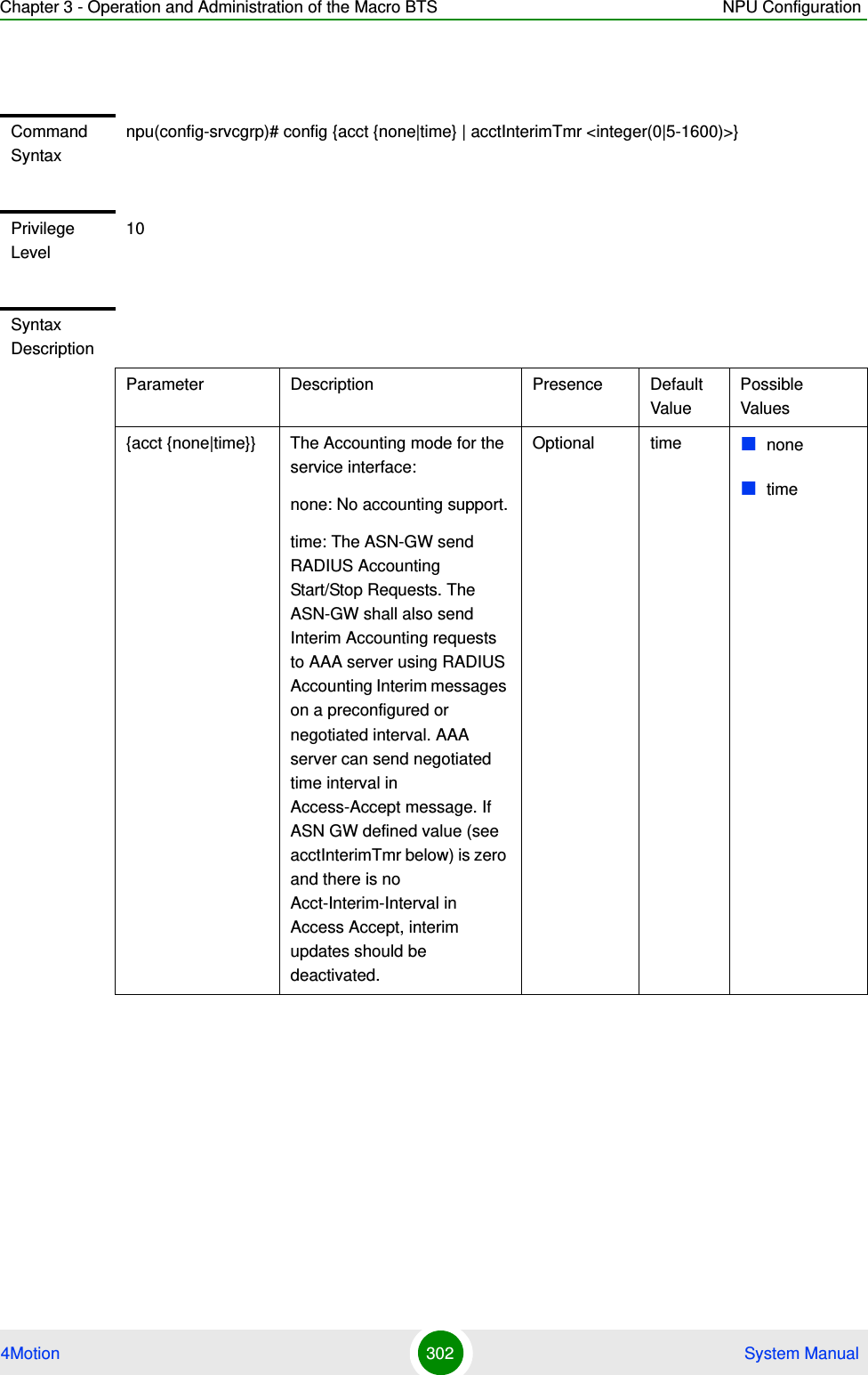 Chapter 3 - Operation and Administration of the Macro BTS NPU Configuration4Motion 302  System ManualCommand Syntaxnpu(config-srvcgrp)# config {acct {none|time} | acctInterimTmr &lt;integer(0|5-1600)&gt;}Privilege Level10Syntax DescriptionParameter Description Presence Default ValuePossible Values{acct {none|time}} The Accounting mode for the service interface:none: No accounting support.time: The ASN-GW send RADIUS Accounting Start/Stop Requests. The ASN-GW shall also send Interim Accounting requests to AAA server using RADIUS Accounting Interim messages on a preconfigured or negotiated interval. AAA server can send negotiated time interval in Access-Accept message. If ASN GW defined value (see acctInterimTmr below) is zero and there is no Acct-Interim-Interval in Access Accept, interim updates should be deactivated.Optional time nonetime