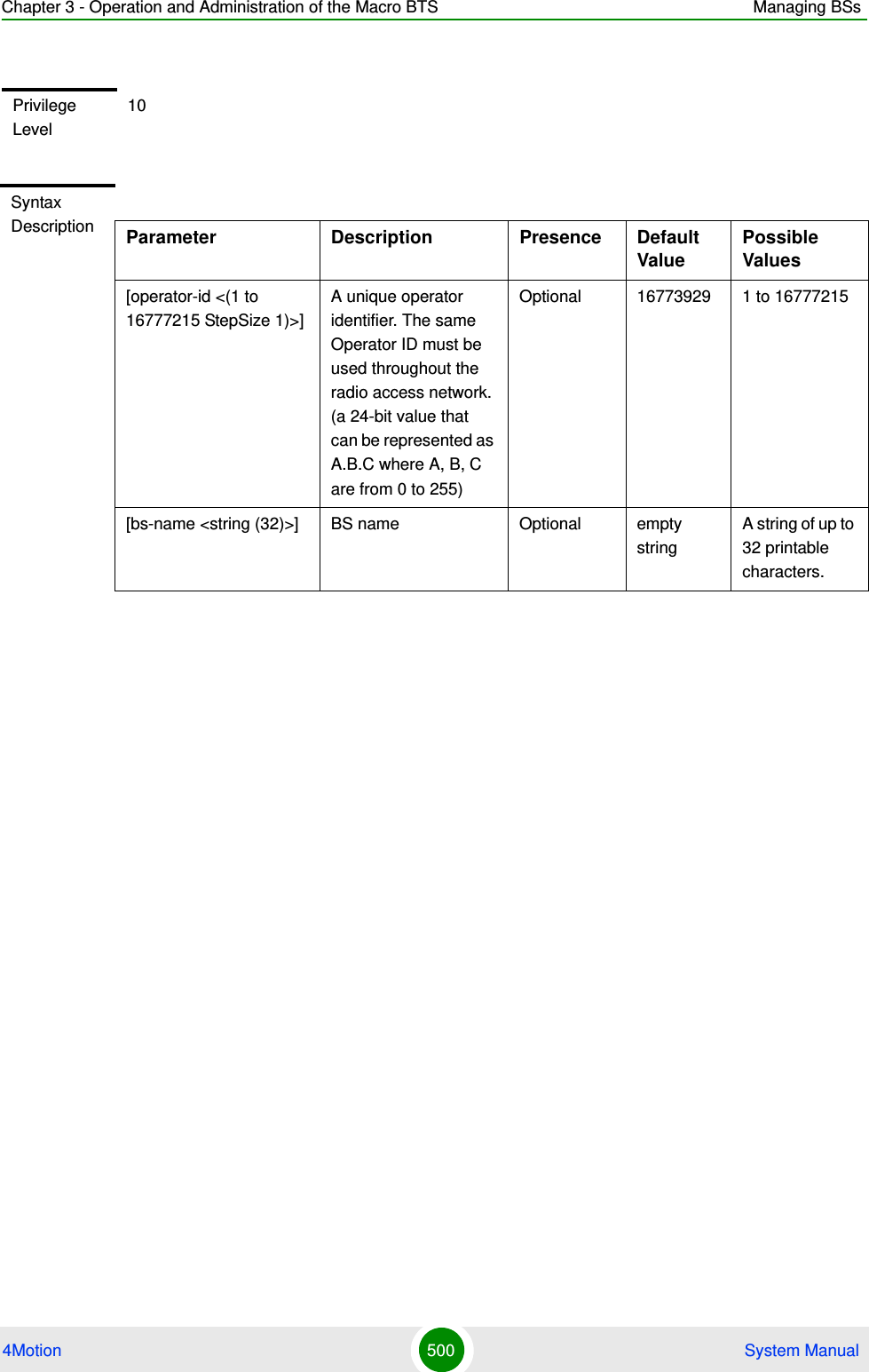 Chapter 3 - Operation and Administration of the Macro BTS Managing BSs4Motion 500  System ManualPrivilege Level10Syntax Description Parameter Description Presence Default ValuePossible Values[operator-id &lt;(1 to 16777215 StepSize 1)&gt;]A unique operator identifier. The same Operator ID must be used throughout the radio access network. (a 24-bit value that can be represented as A.B.C where A, B, C are from 0 to 255)Optional 16773929 1 to 16777215[bs-name &lt;string (32)&gt;] BS name Optional empty stringA string of up to 32 printable characters.