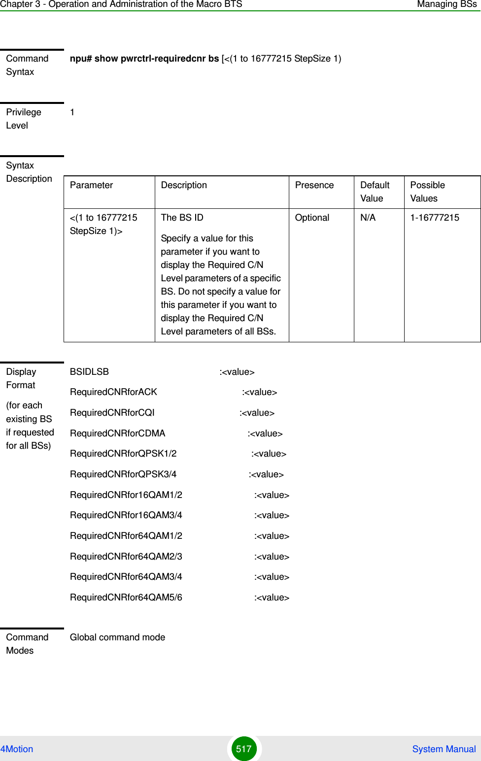 Chapter 3 - Operation and Administration of the Macro BTS Managing BSs4Motion 517  System ManualCommand Syntaxnpu# show pwrctrl-requiredcnr bs [&lt;(1 to 16777215 StepSize 1)Privilege Level1Syntax Description Parameter Description Presence Default ValuePossible Values&lt;(1 to 16777215 StepSize 1)&gt;The BS ID Specify a value for this parameter if you want to display the Required C/N Level parameters of a specific BS. Do not specify a value for this parameter if you want to display the Required C/N Level parameters of all BSs.Optional N/A 1-16777215Display Format(for each existing BS if requested for all BSs)BSIDLSB                                           :&lt;value&gt;RequiredCNRforACK                                 :&lt;value&gt;RequiredCNRforCQI                                 :&lt;value&gt;RequiredCNRforCDMA                                :&lt;value&gt;RequiredCNRforQPSK1/2                             :&lt;value&gt;RequiredCNRforQPSK3/4                            :&lt;value&gt;RequiredCNRfor16QAM1/2                            :&lt;value&gt;RequiredCNRfor16QAM3/4                            :&lt;value&gt;RequiredCNRfor64QAM1/2                            :&lt;value&gt;RequiredCNRfor64QAM2/3                            :&lt;value&gt;RequiredCNRfor64QAM3/4                            :&lt;value&gt;RequiredCNRfor64QAM5/6                            :&lt;value&gt;Command ModesGlobal command mode