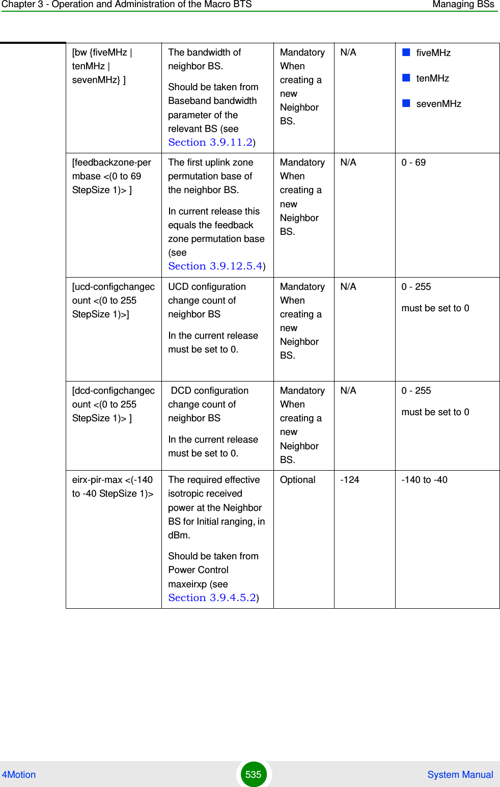 Chapter 3 - Operation and Administration of the Macro BTS Managing BSs4Motion 535  System Manual[bw {fiveMHz | tenMHz | sevenMHz} ]The bandwidth of neighbor BS.Should be taken from Baseband bandwidth parameter of the relevant BS (see Section 3.9.11.2)Mandatory When creating a new Neighbor BS.N/A fiveMHztenMHzsevenMHz[feedbackzone-permbase &lt;(0 to 69 StepSize 1)&gt; ]The first uplink zone permutation base of the neighbor BS.In current release this equals the feedback zone permutation base (see Section 3.9.12.5.4)Mandatory When creating a new Neighbor BS.N/A 0 - 69[ucd-configchangecount &lt;(0 to 255 StepSize 1)&gt;]UCD configuration change count of neighbor BSIn the current release must be set to 0.Mandatory When creating a new Neighbor BS.N/A 0 - 255must be set to 0[dcd-configchangecount &lt;(0 to 255 StepSize 1)&gt; ] DCD configuration change count of neighbor BSIn the current release must be set to 0.Mandatory When creating a new Neighbor BS.N/A 0 - 255must be set to 0eirx-pir-max &lt;(-140 to -40 StepSize 1)&gt;The required effective isotropic received power at the Neighbor BS for Initial ranging, in dBm.Should be taken from Power Control maxeirxp (see Section 3.9.4.5.2)Optional -124 -140 to -40