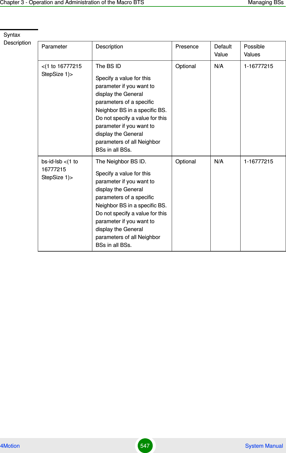 Chapter 3 - Operation and Administration of the Macro BTS Managing BSs4Motion 547  System ManualSyntax Description Parameter Description Presence Default ValuePossible Values&lt;(1 to 16777215 StepSize 1)&gt;The BS ID Specify a value for this parameter if you want to display the General parameters of a specific Neighbor BS in a specific BS. Do not specify a value for this parameter if you want to display the General parameters of all Neighbor BSs in all BSs.Optional N/A 1-16777215bs-id-lsb &lt;(1 to 16777215 StepSize 1)&gt; The Neighbor BS ID.Specify a value for this parameter if you want to display the General parameters of a specific Neighbor BS in a specific BS. Do not specify a value for this parameter if you want to display the General parameters of all Neighbor BSs in all BSs.Optional N/A 1-16777215