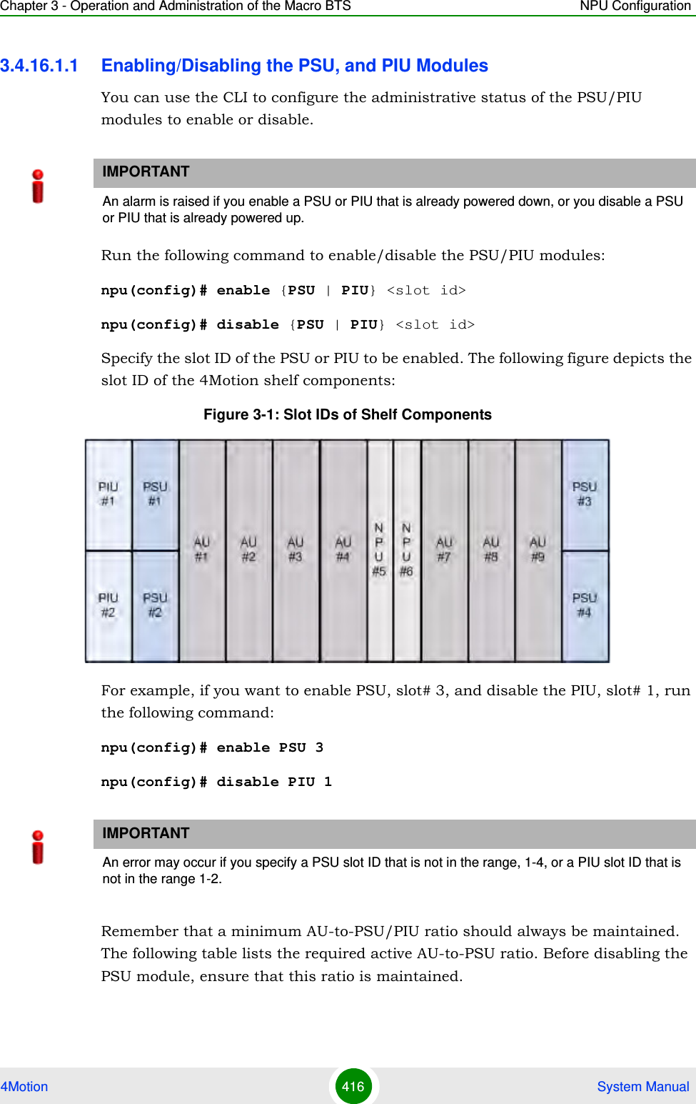 Chapter 3 - Operation and Administration of the Macro BTS NPU Configuration4Motion 416  System Manual3.4.16.1.1 Enabling/Disabling the PSU, and PIU ModulesYou can use the CLI to configure the administrative status of the PSU/PIU modules to enable or disable.Run the following command to enable/disable the PSU/PIU modules:npu(config)# enable {PSU | PIU} &lt;slot id&gt;npu(config)# disable {PSU | PIU} &lt;slot id&gt;Specify the slot ID of the PSU or PIU to be enabled. The following figure depicts the slot ID of the 4Motion shelf components:Figure 3-1: Slot IDs of Shelf ComponentsFor example, if you want to enable PSU, slot# 3, and disable the PIU, slot# 1, run the following command:npu(config)# enable PSU 3npu(config)# disable PIU 1Remember that a minimum AU-to-PSU/PIU ratio should always be maintained. The following table lists the required active AU-to-PSU ratio. Before disabling the PSU module, ensure that this ratio is maintained.IMPORTANTAn alarm is raised if you enable a PSU or PIU that is already powered down, or you disable a PSU or PIU that is already powered up.IMPORTANTAn error may occur if you specify a PSU slot ID that is not in the range, 1-4, or a PIU slot ID that is not in the range 1-2.