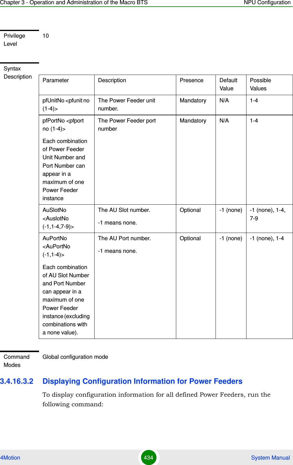 Chapter 3 - Operation and Administration of the Macro BTS NPU Configuration4Motion 434  System Manual3.4.16.3.2 Displaying Configuration Information for Power FeedersTo display configuration information for all defined Power Feeders, run the following command:Privilege Level10Syntax Description Parameter Description Presence Default ValuePossible ValuespfUnitNo &lt;pfunit no (1-4)&gt;The Power Feeder unit number.Mandatory N/A 1-4pfPortNo &lt;pfport no (1-4)&gt;Each combination of Power Feeder Unit Number and Port Number can appear in a maximum of one Power Feeder instanceThe Power Feeder port numberMandatory N/A 1-4AuSlotNo &lt;AuslotNo (-1,1-4,7-9)&gt;The AU Slot number.-1 means none.Optional -1 (none) -1 (none), 1-4, 7-9AuPortNo &lt;AuPortNo (-1,1-4)&gt;Each combination of AU Slot Number and Port Number can appear in a maximum of one Power Feeder instance (excluding combinations with a none value).The AU Port number.-1 means none.Optional -1 (none) -1 (none), 1-4Command ModesGlobal configuration mode