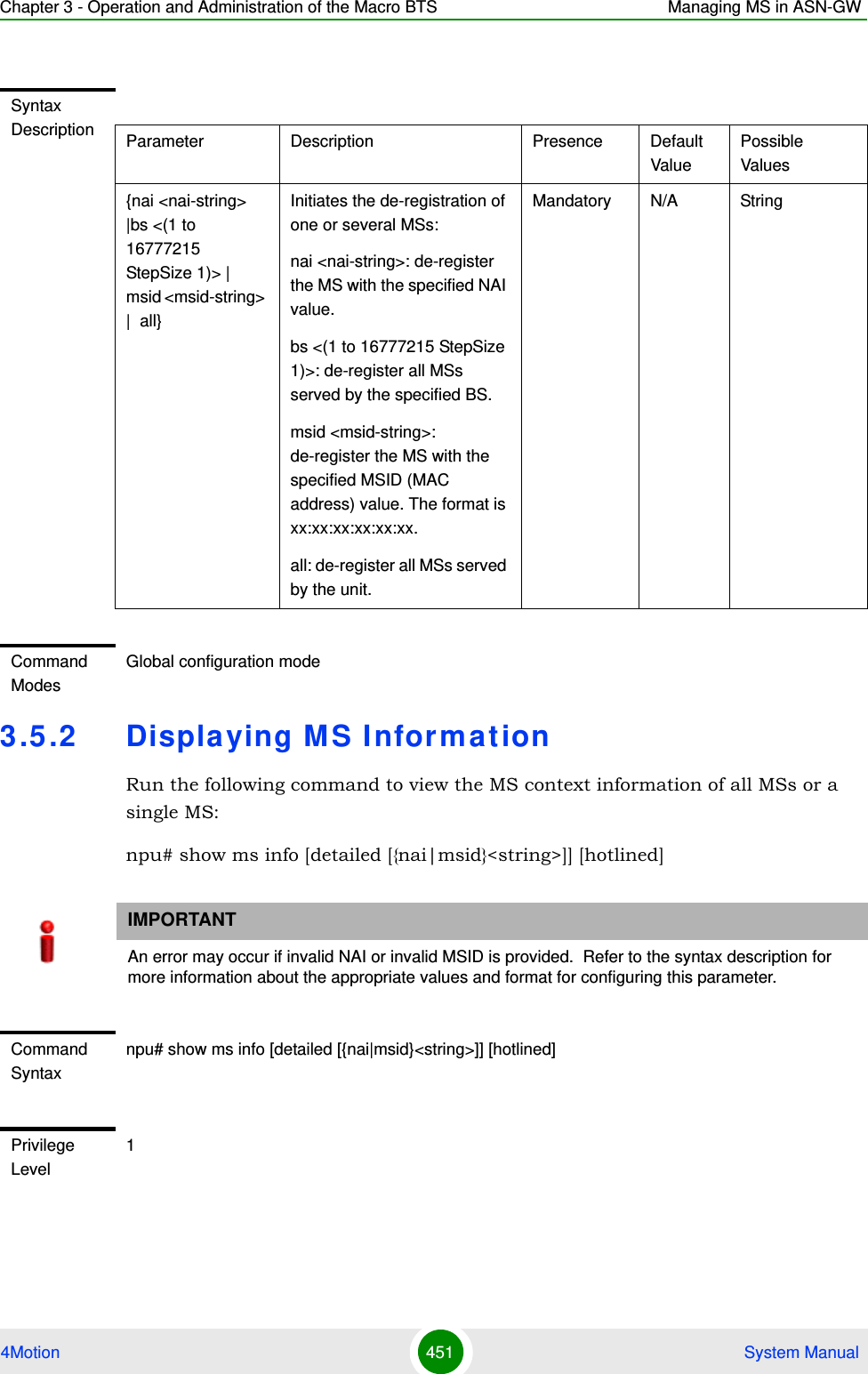 Chapter 3 - Operation and Administration of the Macro BTS Managing MS in ASN-GW4Motion 451  System Manual3.5 .2 Displa ying MS InformationRun the following command to view the MS context information of all MSs or a single MS: npu# show ms info [detailed [{nai|msid}&lt;string&gt;]] [hotlined]Syntax Description Parameter Description Presence Default ValuePossible Values{nai &lt;nai-string&gt; |bs &lt;(1 to 16777215 StepSize 1)&gt; | msid &lt;msid-string&gt; |  all}Initiates the de-registration of one or several MSs:nai &lt;nai-string&gt;: de-register the MS with the specified NAI value.bs &lt;(1 to 16777215 StepSize 1)&gt;: de-register all MSs served by the specified BS.msid &lt;msid-string&gt;: de-register the MS with the specified MSID (MAC address) value. The format is xx:xx:xx:xx:xx:xx.all: de-register all MSs served by the unit.Mandatory N/A StringCommand ModesGlobal configuration modeIMPORTANTAn error may occur if invalid NAI or invalid MSID is provided.  Refer to the syntax description for more information about the appropriate values and format for configuring this parameter.Command Syntaxnpu# show ms info [detailed [{nai|msid}&lt;string&gt;]] [hotlined]Privilege Level1