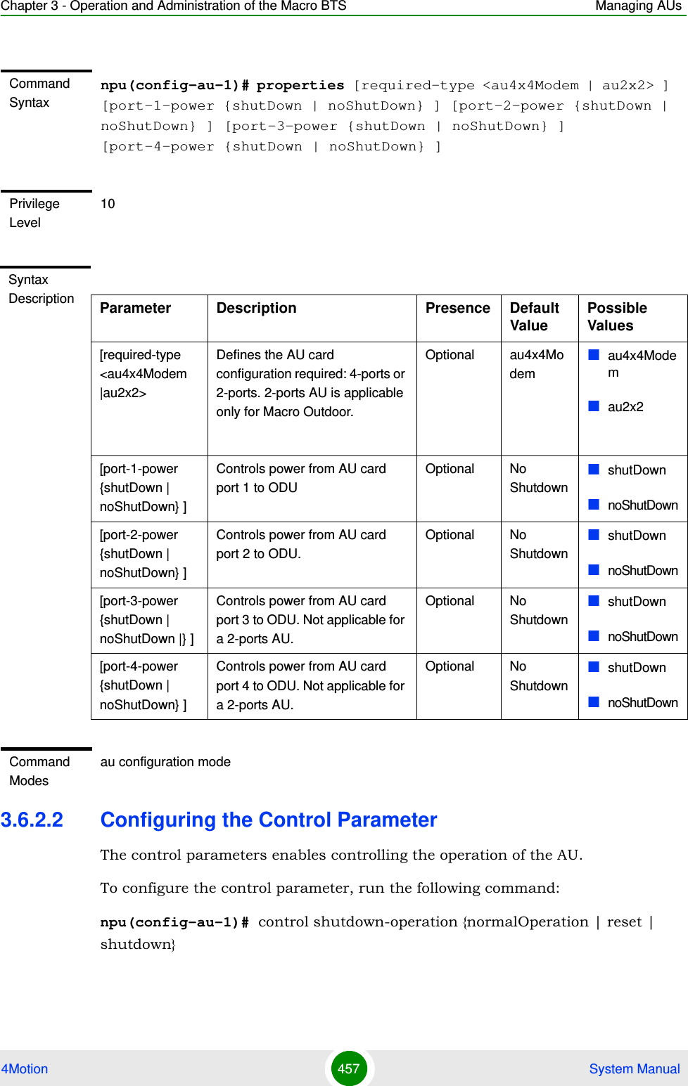 Chapter 3 - Operation and Administration of the Macro BTS Managing AUs4Motion 457  System Manual3.6.2.2 Configuring the Control ParameterThe control parameters enables controlling the operation of the AU.To configure the control parameter, run the following command:npu(config-au-1)# control shutdown-operation {normalOperation | reset | shutdown} Command Syntaxnpu(config-au-1)# properties [required-type &lt;au4x4Modem | au2x2&gt; ] [port-1-power {shutDown | noShutDown} ] [port-2-power {shutDown | noShutDown} ] [port-3-power {shutDown | noShutDown} ] [port-4-power {shutDown | noShutDown} ]Privilege Level10Syntax Description Parameter Description Presence Default ValuePossible Values[required-type &lt;au4x4Modem |au2x2&gt;Defines the AU card configuration required: 4-ports or 2-ports. 2-ports AU is applicable only for Macro Outdoor.Optional au4x4Modemau4x4Modemau2x2[port-1-power {shutDown | noShutDown} ]Controls power from AU card port 1 to ODUOptional No ShutdownshutDownnoShutDown[port-2-power {shutDown | noShutDown} ]Controls power from AU card port 2 to ODU.Optional No ShutdownshutDownnoShutDown[port-3-power {shutDown | noShutDown |} ]Controls power from AU card port 3 to ODU. Not applicable for a 2-ports AU.Optional No ShutdownshutDownnoShutDown[port-4-power {shutDown | noShutDown} ]Controls power from AU card port 4 to ODU. Not applicable for a 2-ports AU.Optional No ShutdownshutDownnoShutDownCommand Modesau configuration mode