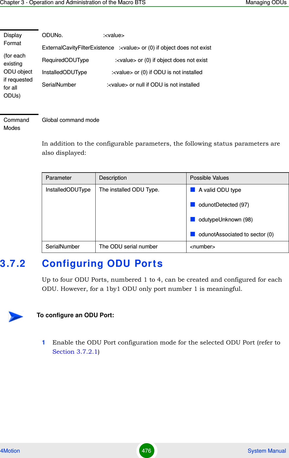 Chapter 3 - Operation and Administration of the Macro BTS Managing ODUs4Motion 476  System ManualIn addition to the configurable parameters, the following status parameters are also displayed:3.7 .2 Configuring ODU Por tsUp to four ODU Ports, numbered 1 to 4, can be created and configured for each ODU. However, for a 1by1 ODU only port number 1 is meaningful. 1Enable the ODU Port configuration mode for the selected ODU Port (refer to Section 3.7.2.1)Display Format(for each existing ODU object if requested for all ODUs)ODUNo.                          :&lt;value&gt;ExternalCavityFilterExistence   :&lt;value&gt; or (0) if object does not existRequiredODUType                 :&lt;value&gt; or (0) if object does not existInstalledODUType                :&lt;value&gt; or (0) if ODU is not installedSerialNumber                    :&lt;value&gt; or null if ODU is not installedCommand ModesGlobal command modeParameter Description Possible ValuesInstalledODUType The installed ODU Type. A valid ODU typeodunotDetected (97)odutypeUnknown (98)odunotAssociated to sector (0)SerialNumber The ODU serial number &lt;number&gt;To configure an ODU Port: