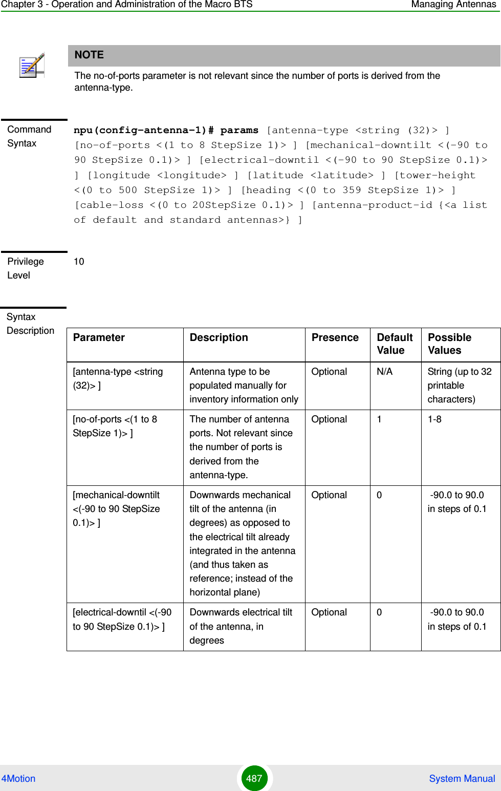 Chapter 3 - Operation and Administration of the Macro BTS Managing Antennas4Motion 487  System ManualNOTEThe no-of-ports parameter is not relevant since the number of ports is derived from the antenna-type.Command Syntaxnpu(config-antenna-1)# params [antenna-type &lt;string (32)&gt; ] [no-of-ports &lt;(1 to 8 StepSize 1)&gt; ] [mechanical-downtilt &lt;(-90 to 90 StepSize 0.1)&gt; ] [electrical-downtil &lt;(-90 to 90 StepSize 0.1)&gt; ] [longitude &lt;longitude&gt; ] [latitude &lt;latitude&gt; ] [tower-height &lt;(0 to 500 StepSize 1)&gt; ] [heading &lt;(0 to 359 StepSize 1)&gt; ] [cable-loss &lt;(0 to 20StepSize 0.1)&gt; ] [antenna-product-id {&lt;a list of default and standard antennas&gt;} ]Privilege Level10Syntax Description Parameter Description Presence Default ValuePossible Values[antenna-type &lt;string (32)&gt; ]Antenna type to be populated manually for inventory information onlyOptional N/A String (up to 32 printable characters)[no-of-ports &lt;(1 to 8 StepSize 1)&gt; ]The number of antenna ports. Not relevant since the number of ports is derived from the antenna-type.Optional 1 1-8[mechanical-downtilt &lt;(-90 to 90 StepSize 0.1)&gt; ]Downwards mechanical tilt of the antenna (in degrees) as opposed to the electrical tilt already integrated in the antenna (and thus taken as reference; instead of the horizontal plane)Optional 0  -90.0 to 90.0 in steps of 0.1[electrical-downtil &lt;(-90 to 90 StepSize 0.1)&gt; ]Downwards electrical tilt of the antenna, in degreesOptional 0  -90.0 to 90.0 in steps of 0.1