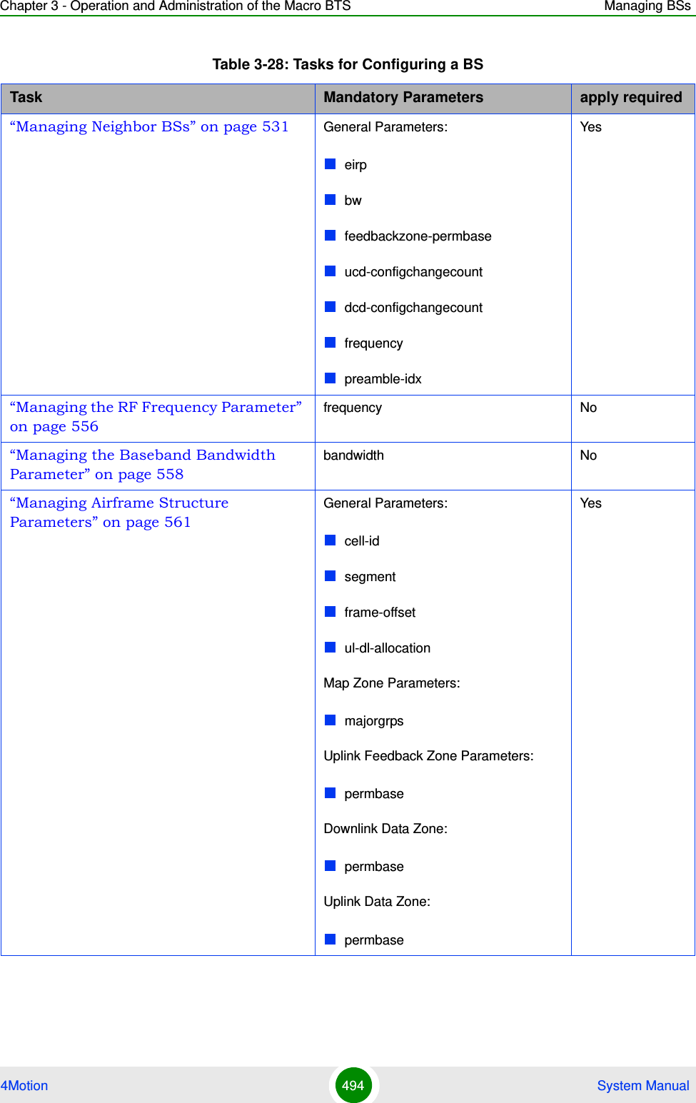 Chapter 3 - Operation and Administration of the Macro BTS Managing BSs4Motion 494  System Manual“Managing Neighbor BSs” on page 531 General Parameters:eirpbwfeedbackzone-permbaseucd-configchangecountdcd-configchangecountfrequencypreamble-idxYes“Managing the RF Frequency Parameter” on page 556frequency No“Managing the Baseband Bandwidth Parameter” on page 558bandwidth No“Managing Airframe Structure Parameters” on page 561General Parameters:cell-idsegmentframe-offsetul-dl-allocationMap Zone Parameters:majorgrpsUplink Feedback Zone Parameters:permbaseDownlink Data Zone:permbaseUplink Data Zone:permbaseYesTable 3-28: Tasks for Configuring a BSTask Mandatory Parameters apply required