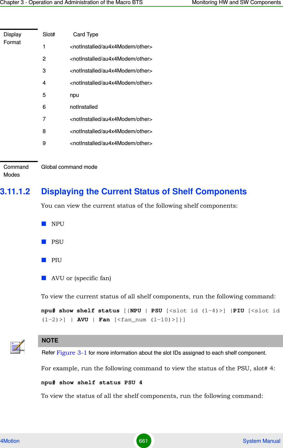 Chapter 3 - Operation and Administration of the Macro BTS Monitoring HW and SW Components4Motion 661  System Manual3.11.1.2 Displaying the Current Status of Shelf ComponentsYou can view the current status of the following shelf components:NPUPSUPIUAVU or (specific fan)To view the current status of all shelf components, run the following command:npu# show shelf status [{NPU | PSU [&lt;slot id (1-4)&gt;] |PIU [&lt;slot id (1-2)&gt;] | AVU | Fan [&lt;fan_num (1-10)&gt;]}]For example, run the following command to view the status of the PSU, slot# 4:npu# show shelf status PSU 4To view the status of all the shelf components, run the following command:Display Format Slot#            Card Type 1                &lt;notInstalled/au4x4Modem/other&gt; 2                &lt;notInstalled/au4x4Modem/other&gt; 3                &lt;notInstalled/au4x4Modem/other&gt; 4                &lt;notInstalled/au4x4Modem/other&gt; 5                npu 6                notInstalled 7                &lt;notInstalled/au4x4Modem/other&gt; 8                &lt;notInstalled/au4x4Modem/other&gt; 9                &lt;notInstalled/au4x4Modem/other&gt;Command ModesGlobal command modeNOTERefer Figure 3-1 for more information about the slot IDs assigned to each shelf component.