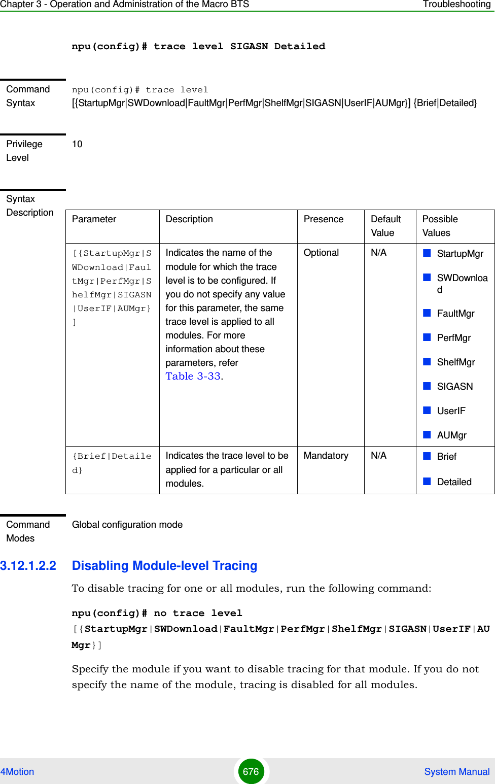 Chapter 3 - Operation and Administration of the Macro BTS Troubleshooting4Motion 676  System Manualnpu(config)# trace level SIGASN Detailed3.12.1.2.2 Disabling Module-level TracingTo disable tracing for one or all modules, run the following command:npu(config)# no trace level [{StartupMgr|SWDownload|FaultMgr|PerfMgr|ShelfMgr|SIGASN|UserIF|AUMgr}]Specify the module if you want to disable tracing for that module. If you do not specify the name of the module, tracing is disabled for all modules.Command Syntaxnpu(config)# trace level [{StartupMgr|SWDownload|FaultMgr|PerfMgr|ShelfMgr|SIGASN|UserIF|AUMgr}] {Brief|Detailed}Privilege Level10Syntax Description Parameter Description Presence Default ValuePossible Values[{StartupMgr|SWDownload|FaultMgr|PerfMgr|ShelfMgr|SIGASN|UserIF|AUMgr}]Indicates the name of the module for which the trace level is to be configured. If you do not specify any value for this parameter, the same trace level is applied to all modules. For more information about these parameters, refer Table 3-33.Optional N/A StartupMgrSWDownloadFaultMgrPerfMgrShelfMgrSIGASNUserIFAUMgr{Brief|Detailed}Indicates the trace level to be applied for a particular or all modules. Mandatory N/A BriefDetailedCommand ModesGlobal configuration mode