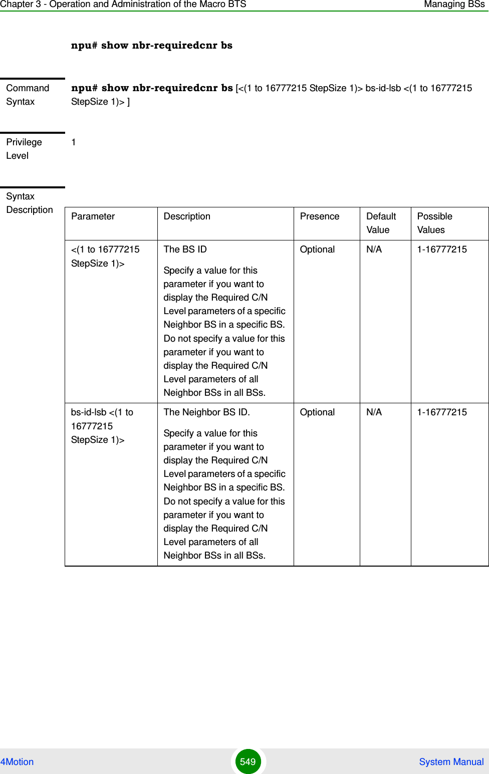 Chapter 3 - Operation and Administration of the Macro BTS Managing BSs4Motion 549  System Manualnpu# show nbr-requiredcnr bsCommand Syntaxnpu# show nbr-requiredcnr bs [&lt;(1 to 16777215 StepSize 1)&gt; bs-id-lsb &lt;(1 to 16777215 StepSize 1)&gt; ]Privilege Level1Syntax Description Parameter Description Presence Default ValuePossible Values&lt;(1 to 16777215 StepSize 1)&gt;The BS ID Specify a value for this parameter if you want to display the Required C/N Level parameters of a specific Neighbor BS in a specific BS. Do not specify a value for this parameter if you want to display the Required C/N Level parameters of all Neighbor BSs in all BSs.Optional N/A 1-16777215bs-id-lsb &lt;(1 to 16777215 StepSize 1)&gt; The Neighbor BS ID.Specify a value for this parameter if you want to display the Required C/N Level parameters of a specific Neighbor BS in a specific BS. Do not specify a value for this parameter if you want to display the Required C/N Level parameters of all Neighbor BSs in all BSs.Optional N/A 1-16777215