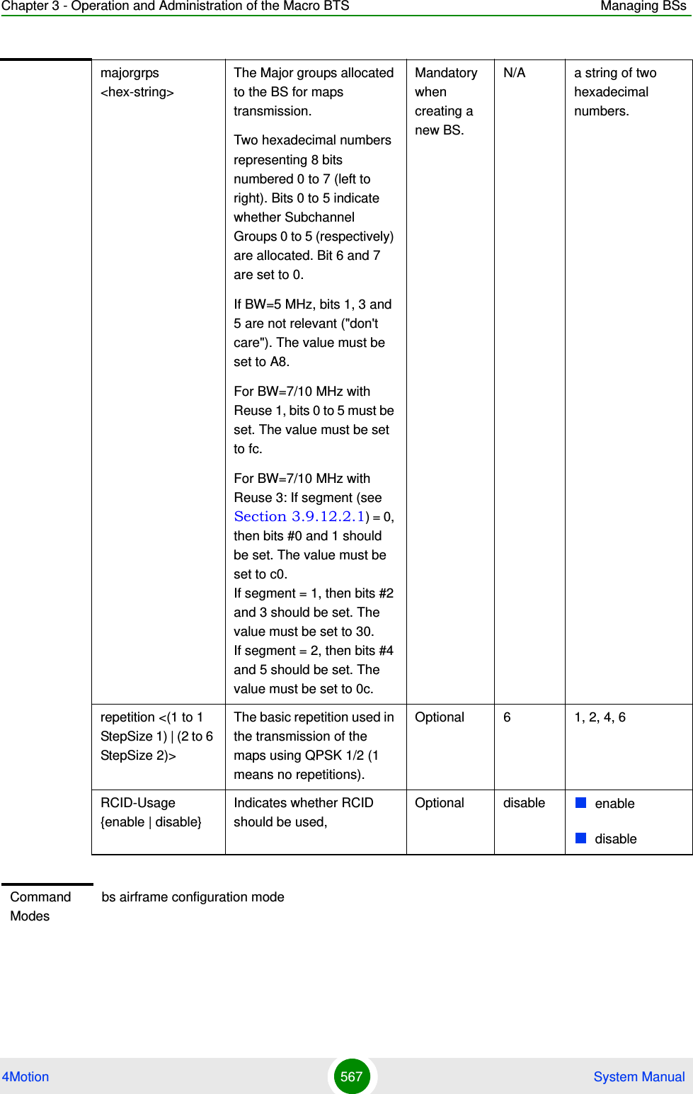 Chapter 3 - Operation and Administration of the Macro BTS Managing BSs4Motion 567  System Manualmajorgrps &lt;hex-string&gt;The Major groups allocated to the BS for maps transmission.Two hexadecimal numbers representing 8 bits numbered 0 to 7 (left to right). Bits 0 to 5 indicate whether Subchannel Groups 0 to 5 (respectively) are allocated. Bit 6 and 7 are set to 0.If BW=5 MHz, bits 1, 3 and 5 are not relevant (&quot;don&apos;t care&quot;). The value must be set to A8.For BW=7/10 MHz with Reuse 1, bits 0 to 5 must be set. The value must be set to fc.For BW=7/10 MHz with Reuse 3: If segment (see Section 3.9.12.2.1) = 0, then bits #0 and 1 should be set. The value must be set to c0. If segment = 1, then bits #2 and 3 should be set. The value must be set to 30. If segment = 2, then bits #4 and 5 should be set. The value must be set to 0c.Mandatory when creating a new BS.N/A a string of two hexadecimal numbers.repetition &lt;(1 to 1 StepSize 1) | (2 to 6 StepSize 2)&gt;The basic repetition used in the transmission of the maps using QPSK 1/2 (1 means no repetitions).Optional 6 1, 2, 4, 6RCID-Usage {enable | disable}Indicates whether RCID should be used,Optional disable enabledisableCommand Modesbs airframe configuration mode 