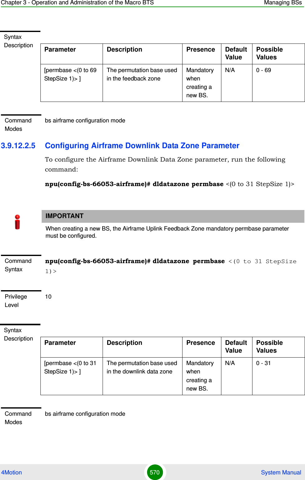 Chapter 3 - Operation and Administration of the Macro BTS Managing BSs4Motion 570  System Manual3.9.12.2.5 Configuring Airframe Downlink Data Zone ParameterTo configure the Airframe Downlink Data Zone parameter, run the following command:npu(config-bs-66053-airframe)# dldatazone permbase &lt;(0 to 31 StepSize 1)&gt;Syntax Description Parameter Description Presence Default ValuePossible Values[permbase &lt;(0 to 69 StepSize 1)&gt; ]The permutation base used in the feedback zoneMandatory when creating a new BS.N/A 0 - 69Command Modesbs airframe configuration mode IMPORTANTWhen creating a new BS, the Airframe Uplink Feedback Zone mandatory permbase parameter must be configured.Command Syntaxnpu(config-bs-66053-airframe)# dldatazone permbase &lt;(0 to 31 StepSize 1)&gt;Privilege Level10Syntax Description Parameter Description Presence Default ValuePossible Values[permbase &lt;(0 to 31 StepSize 1)&gt; ]The permutation base used in the downlink data zoneMandatory when creating a new BS.N/A 0 - 31Command Modesbs airframe configuration mode 