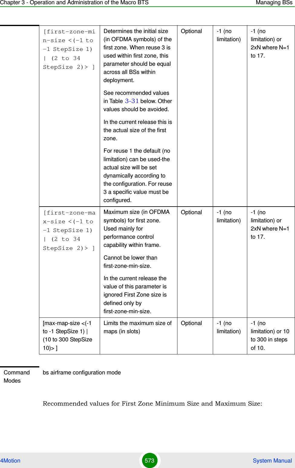 Chapter 3 - Operation and Administration of the Macro BTS Managing BSs4Motion 573  System ManualRecommended values for First Zone Minimum Size and Maximum Size:[first-zone-min-size &lt;(-1 to -1 StepSize 1) | (2 to 34 StepSize 2)&gt; ]Determines the initial size (in OFDMA symbols) of the first zone. When reuse 3 is used within first zone, this parameter should be equal across all BSs within deployment.See recommended values in Table 3-31 below. Other values should be avoided.In the current release this is the actual size of the first zone.For reuse 1 the default (no limitation) can be used-the actual size will be set dynamically according to the configuration. For reuse 3 a specific value must be configured.Optional -1 (no limitation)-1 (no limitation) or 2xN where N=1 to 17.[first-zone-max-size &lt;(-1 to -1 StepSize 1) | (2 to 34 StepSize 2)&gt; ]Maximum size (in OFDMA symbols) for first zone. Used mainly for performance control capability within frame.Cannot be lower than first-zone-min-size.In the current release the value of this parameter is ignored First Zone size is defined only by first-zone-min-size.Optional -1 (no limitation)-1 (no limitation) or 2xN where N=1 to 17.[max-map-size &lt;(-1 to -1 StepSize 1) | (10 to 300 StepSize 10)&gt; ]Limits the maximum size of maps (in slots)Optional -1 (no limitation)-1 (no limitation) or 10 to 300 in steps of 10.Command Modesbs airframe configuration mode 