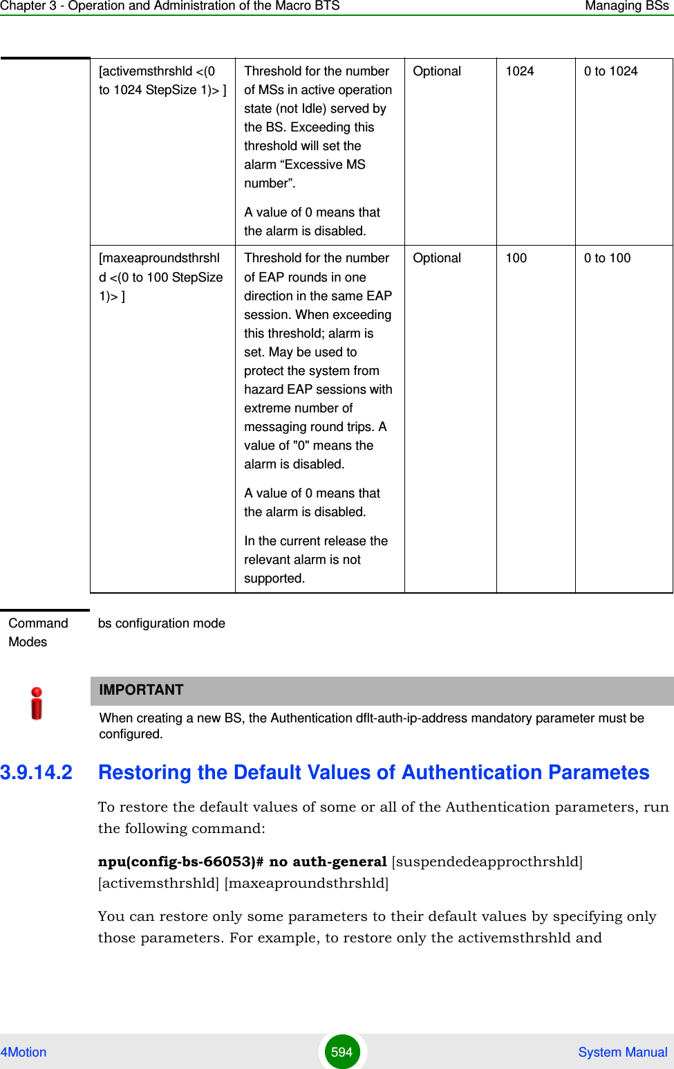 Chapter 3 - Operation and Administration of the Macro BTS Managing BSs4Motion 594  System Manual3.9.14.2 Restoring the Default Values of Authentication ParametesTo restore the default values of some or all of the Authentication parameters, run the following command:npu(config-bs-66053)# no auth-general [suspendedeapprocthrshld] [activemsthrshld] [maxeaproundsthrshld] You can restore only some parameters to their default values by specifying only those parameters. For example, to restore only the activemsthrshld and [activemsthrshld &lt;(0 to 1024 StepSize 1)&gt; ]Threshold for the number of MSs in active operation state (not Idle) served by the BS. Exceeding this threshold will set the alarm “Excessive MS number”.A value of 0 means that the alarm is disabled.Optional 1024 0 to 1024[maxeaproundsthrshld &lt;(0 to 100 StepSize 1)&gt; ]Threshold for the number of EAP rounds in one direction in the same EAP session. When exceeding this threshold; alarm is set. May be used to protect the system from hazard EAP sessions with extreme number of messaging round trips. A value of &quot;0&quot; means the alarm is disabled.A value of 0 means that the alarm is disabled.In the current release the relevant alarm is not supported.Optional 100 0 to 100Command Modesbs configuration modeIMPORTANTWhen creating a new BS, the Authentication dflt-auth-ip-address mandatory parameter must be configured.