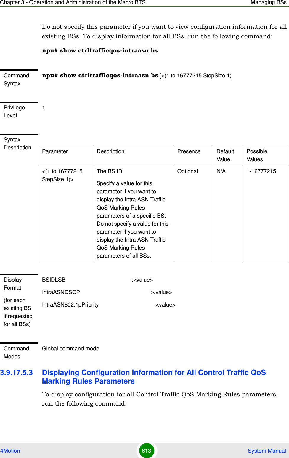 Chapter 3 - Operation and Administration of the Macro BTS Managing BSs4Motion 613  System ManualDo not specify this parameter if you want to view configuration information for all existing BSs. To display information for all BSs, run the following command:npu# show ctrltrafficqos-intraasn bs3.9.17.5.3 Displaying Configuration Information for All Control Traffic QoS Marking Rules ParametersTo display configuration for all Control Traffic QoS Marking Rules parameters, run the following command:Command Syntaxnpu# show ctrltrafficqos-intraasn bs [&lt;(1 to 16777215 StepSize 1)Privilege Level1Syntax Description Parameter Description Presence Default ValuePossible Values&lt;(1 to 16777215 StepSize 1)&gt;The BS ID Specify a value for this parameter if you want to display the Intra ASN Traffic QoS Marking Rules parameters of a specific BS. Do not specify a value for this parameter if you want to display the Intra ASN Traffic QoS Marking Rules parameters of all BSs.Optional N/A 1-16777215Display Format(for each existing BS if requested for all BSs)BSIDLSB                                           :&lt;value&gt;IntraASNDSCP                                              :&lt;value&gt;IntraASN802.1pPriority                                    :&lt;value&gt;Command ModesGlobal command mode