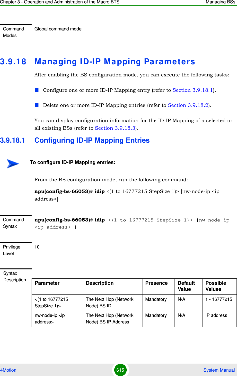 Chapter 3 - Operation and Administration of the Macro BTS Managing BSs4Motion 615  System Manual3.9 .18 Managing ID-IP Mapping Pa ra m e t e rsAfter enabling the BS configuration mode, you can execute the following tasks:Configure one or more ID-IP Mapping entry (refer to Section 3.9.18.1).Delete one or more ID-IP Mapping entries (refer to Section 3.9.18.2).You can display configuration information for the ID-IP Mapping of a selected or all existing BSs (refer to Section 3.9.18.3).3.9.18.1 Configuring ID-IP Mapping EntriesFrom the BS configuration mode, run the following command:npu(config-bs-66053)# idip &lt;(1 to 16777215 StepSize 1)&gt; [nw-node-ip &lt;ip address&gt;]Command ModesGlobal command modeTo configure ID-IP Mapping entries:Command Syntaxnpu(config-bs-66053)# idip &lt;(1 to 16777215 StepSize 1)&gt; [nw-node-ip &lt;ip address&gt; ]Privilege Level10Syntax Description Parameter Description Presence Default ValuePossible Values&lt;(1 to 16777215 StepSize 1)&gt;The Next Hop (Network Node) BS IDMandatory N/A 1 - 16777215nw-node-ip &lt;ip address&gt; The Next Hop (Network Node) BS IP AddressMandatory N/A IP address