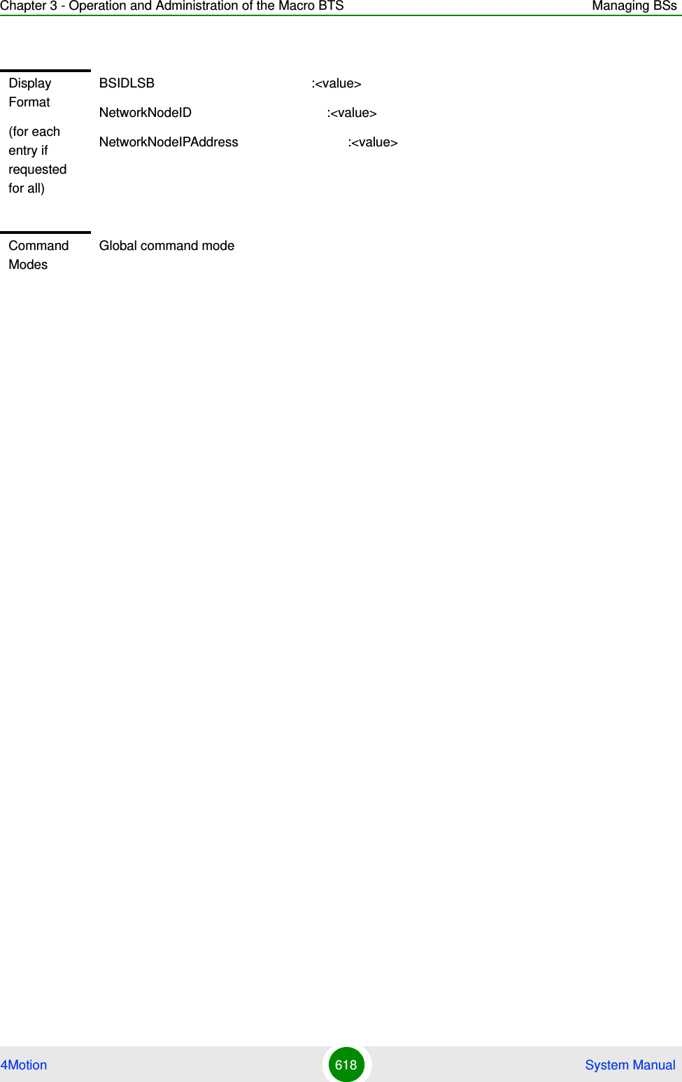 Chapter 3 - Operation and Administration of the Macro BTS Managing BSs4Motion 618  System ManualDisplay Format(for each entry if requested for all)BSIDLSB                                           :&lt;value&gt;NetworkNodeID                                     :&lt;value&gt;NetworkNodeIPAddress                              :&lt;value&gt;Command ModesGlobal command mode