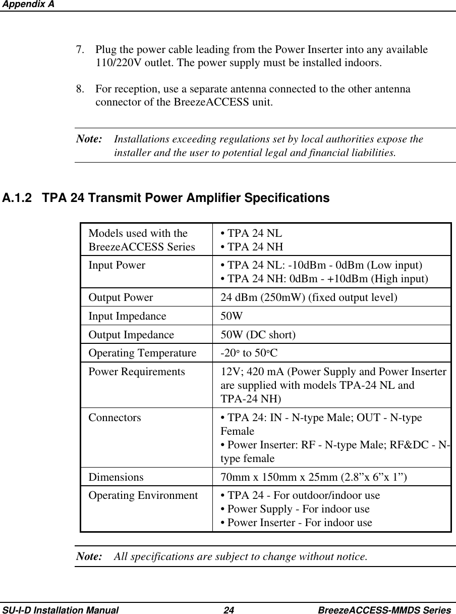  Appendix ASU-I-D Installation Manual 24 BreezeACCESS-MMDS Series7.  Plug the power cable leading from the Power Inserter into any available110/220V outlet. The power supply must be installed indoors.8.  For reception, use a separate antenna connected to the other antennaconnector of the BreezeACCESS unit.Note: Installations exceeding regulations set by local authorities expose theinstaller and the user to potential legal and financial liabilities.A.1.2 TPA 24 Transmit Power Amplifier SpecificationsModels used with theBreezeACCESS Series • TPA 24 NL• TPA 24 NHInput Power • TPA 24 NL: -10dBm - 0dBm (Low input)• TPA 24 NH: 0dBm - +10dBm (High input)Output Power 24 dBm (250mW) (fixed output level)Input Impedance 50WOutput Impedance 50W (DC short)Operating Temperature -20° to 50°CPower Requirements 12V; 420 mA (Power Supply and Power Inserterare supplied with models TPA-24 NL andTPA-24 NH)Connectors • TPA 24: IN - N-type Male; OUT - N-typeFemale• Power Inserter: RF - N-type Male; RF&amp;DC - N-type femaleDimensions 70mm x 150mm x 25mm (2.8”x 6”x 1”)Operating Environment • TPA 24 - For outdoor/indoor use• Power Supply - For indoor use• Power Inserter - For indoor useNote: All specifications are subject to change without notice.