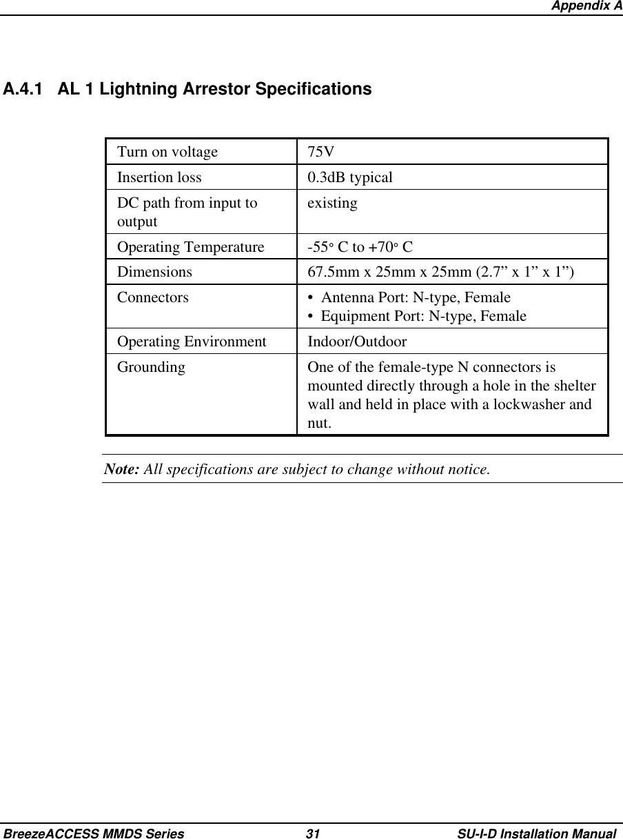   Appendix ABreezeACCESS MMDS Series 31 SU-I-D Installation ManualA.4.1 AL 1 Lightning Arrestor SpecificationsTurn on voltage 75VInsertion loss 0.3dB typicalDC path from input tooutput existingOperating Temperature -55° C to +70° CDimensions 67.5mm x 25mm x 25mm (2.7” x 1” x 1”)Connectors •  Antenna Port: N-type, Female•  Equipment Port: N-type, FemaleOperating Environment Indoor/OutdoorGrounding One of the female-type N connectors ismounted directly through a hole in the shelterwall and held in place with a lockwasher andnut.Note: All specifications are subject to change without notice.