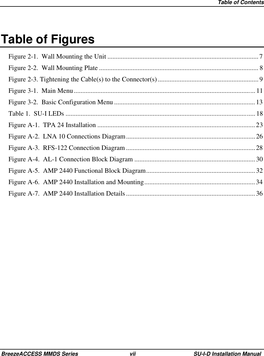   Table of ContentsBreezeACCESS MMDS Series vii SU-I-D Installation Manual Table of FiguresFigure 2-1.  Wall Mounting the Unit ..........................................................................................7Figure 2-2.  Wall Mounting Plate ............................................................................................... 8Figure 2-3. Tightening the Cable(s) to the Connector(s) ............................................................ 9Figure 3-1.  Main Menu............................................................................................................ 11Figure 3-2.  Basic Configuration Menu ....................................................................................13Table 1.  SU-I LEDs ................................................................................................................. 18Figure A-1.  TPA 24 Installation ..............................................................................................23Figure A-2.  LNA 10 Connections Diagram.............................................................................26Figure A-3.  RFS-122 Connection Diagram ............................................................................. 28Figure A-4.  AL-1 Connection Block Diagram ........................................................................30Figure A-5.  AMP 2440 Functional Block Diagram................................................................. 32Figure A-6.  AMP 2440 Installation and Mounting.................................................................. 34Figure A-7.  AMP 2440 Installation Details............................................................................. 36