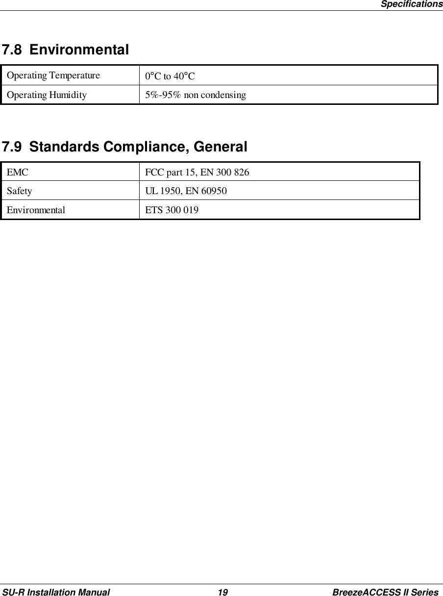 SpecificationsSU-R Installation Manual 19 BreezeACCESS II Series7.8 EnvironmentalOperating Temperature 0°C to 40°COperating Humidity 5%-95% non condensing7.9  Standards Compliance, GeneralEMC FCC part 15, EN 300 826Safety UL 1950, EN 60950Environmental ETS 300 019