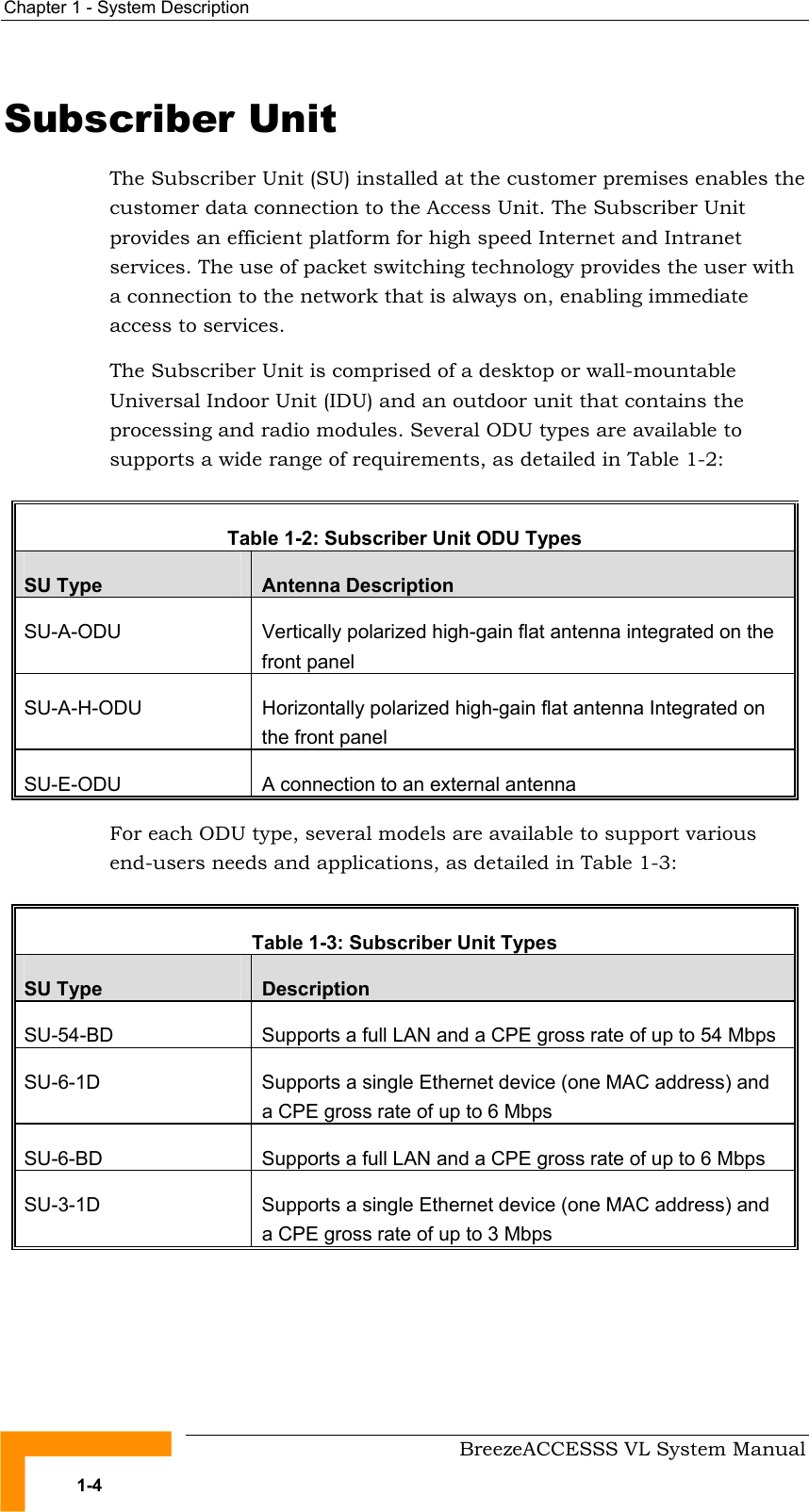 Chapter  1 - System Description     BreezeACCESSS VL System Manual 1-4 Subscriber Unit The Subscriber Unit (SU) installed at the customer premises enables the customer data connection to the Access Unit. The Subscriber Unit provides an efficient platform for high speed Internet and Intranet services. The use of packet switching technology provides the user with a connection to the network that is always on, enabling immediate access to services.  The Subscriber Unit is comprised of a desktop or wall-mountable Universal Indoor Unit (IDU) and an outdoor unit that contains the processing and radio modules. Several ODU types are available to supports a wide range of requirements, as detailed in Table  1-2:  Table  1-2: Subscriber Unit ODU Types SU Type  Antenna Description SU-A-ODU  Vertically polarized high-gain flat antenna integrated on the front panel SU-A-H-ODU  Horizontally polarized high-gain flat antenna Integrated on the front panel SU-E-ODU  A connection to an external antenna For each ODU type, several models are available to support various end-users needs and applications, as detailed in Table  1-3:  Table  1-3: Subscriber Unit Types SU Type  Description SU-54-BD  Supports a full LAN and a CPE gross rate of up to 54 Mbps SU-6-1D  Supports a single Ethernet device (one MAC address) and a CPE gross rate of up to 6 Mbps SU-6-BD  Supports a full LAN and a CPE gross rate of up to 6 Mbps SU-3-1D  Supports a single Ethernet device (one MAC address) and a CPE gross rate of up to 3 Mbps  