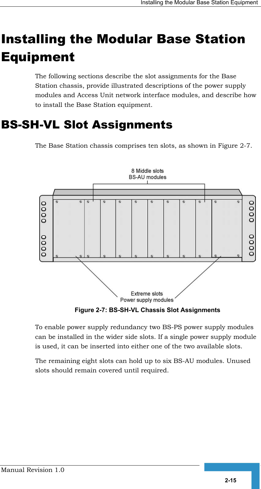   Installing the Modular Base Station Equipment Manual Revision 1.0   2-15 Installing the Modular Base Station Equipment  The following sections describe the slot assignments for the Base Station chassis, provide illustrated descriptions of the power supply modules and Access Unit network interface modules, and describe how to install the Base Station equipment. BS-SH-VL Slot Assignments The Base Station chassis comprises ten slots, as shown in Figure  2-7.   Figure  2-7: BS-SH-VL Chassis Slot Assignments To enable power supply redundancy two BS-PS power supply modules can be installed in the wider side slots. If a single power supply module is used, it can be inserted into either one of the two available slots. The remaining eight slots can hold up to six BS-AU modules. Unused slots should remain covered until required. 