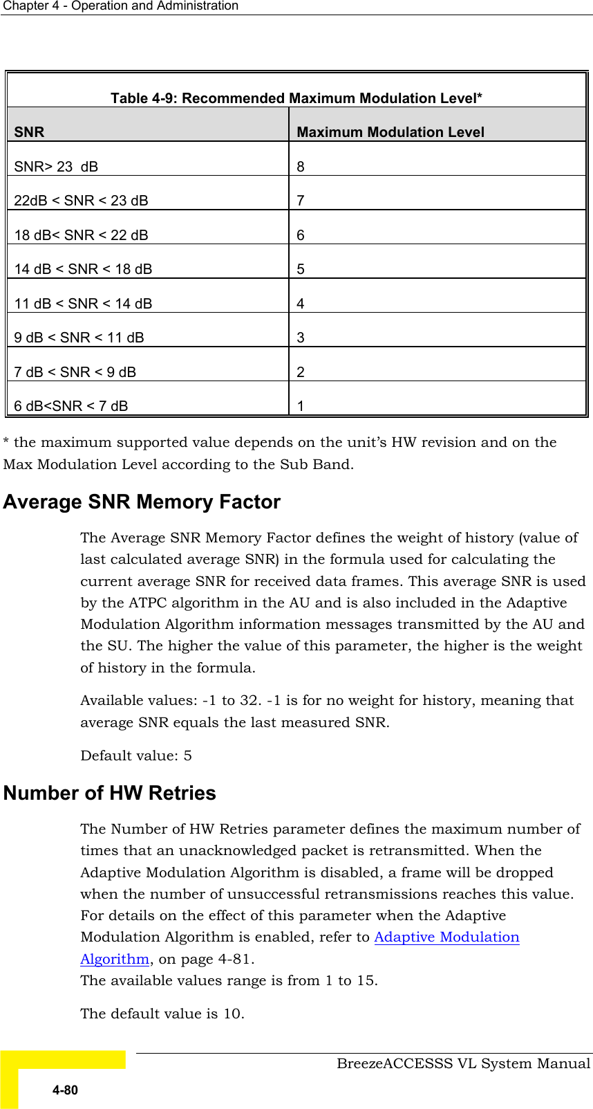 Chapter  4 - Operation and Administration     BreezeACCESSS VL System Manual 4-80  Table  4-9: Recommended Maximum Modulation Level* SNR  Maximum Modulation Level SNR&gt; 23  dB  8 22dB &lt; SNR &lt; 23 dB  7 18 dB&lt; SNR &lt; 22 dB  6 14 dB &lt; SNR &lt; 18 dB  5 11 dB &lt; SNR &lt; 14 dB  4 9 dB &lt; SNR &lt; 11 dB  3 7 dB &lt; SNR &lt; 9 dB  2 6 dB&lt;SNR &lt; 7 dB  1 * the maximum supported value depends on the unit’s HW revision and on the Max Modulation Level according to the Sub Band. Average SNR Memory Factor The Average SNR Memory Factor defines the weight of history (value of last calculated average SNR) in the formula used for calculating the current average SNR for received data frames. This average SNR is used by the ATPC algorithm in the AU and is also included in the Adaptive Modulation Algorithm information messages transmitted by the AU and the SU. The higher the value of this parameter, the higher is the weight of history in the formula.  Available values: -1 to 32. -1 is for no weight for history, meaning that average SNR equals the last measured SNR. Default value: 5 Number of HW Retries The Number of HW Retries parameter defines the maximum number of times that an unacknowledged packet is retransmitted. When the Adaptive Modulation Algorithm is disabled, a frame will be dropped when the number of unsuccessful retransmissions reaches this value. For details on the effect of this parameter when the Adaptive Modulation Algorithm is enabled, refer to Adaptive Modulation Algorithm, on page 4-81.  The available values range is from 1 to 15.  The default value is 10. 