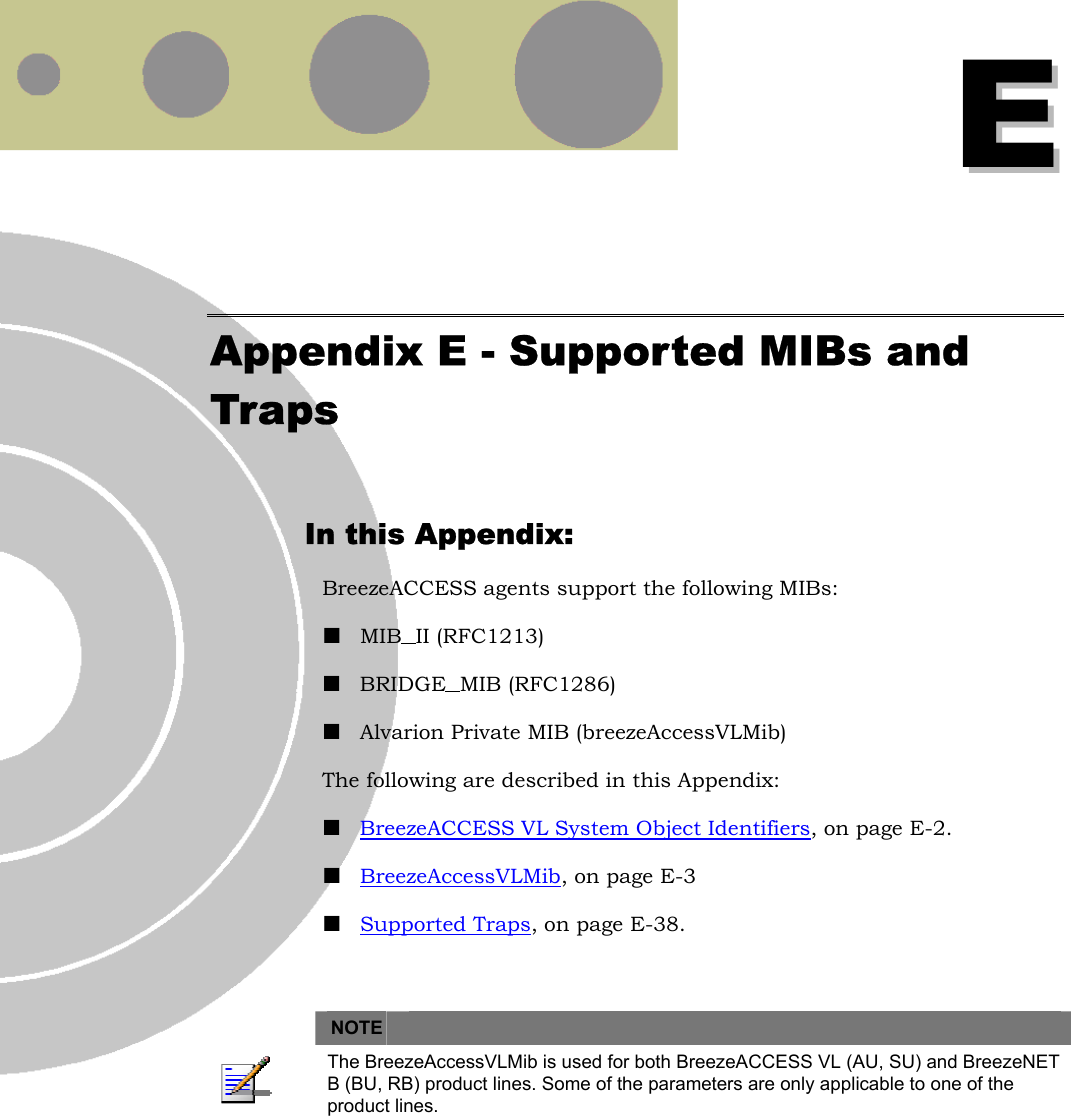   EE Appendix E - Supported MIBs and Traps In this Appendix: BreezeACCESS agents support the following MIBs: ! MIB II (RFC1213) ! BRIDGE MIB (RFC1286) ! Alvarion Private MIB (breezeAccessVLMib) The following are described in this Appendix:  ! BreezeACCESS VL System Object Identifiers, on page E-2. ! BreezeAccessVLMib, on page E-3 ! Supported Traps, on page E-38.    NOTE    The BreezeAccessVLMib is used for both BreezeACCESS VL (AU, SU) and BreezeNET B (BU, RB) product lines. Some of the parameters are only applicable to one of the product lines.  