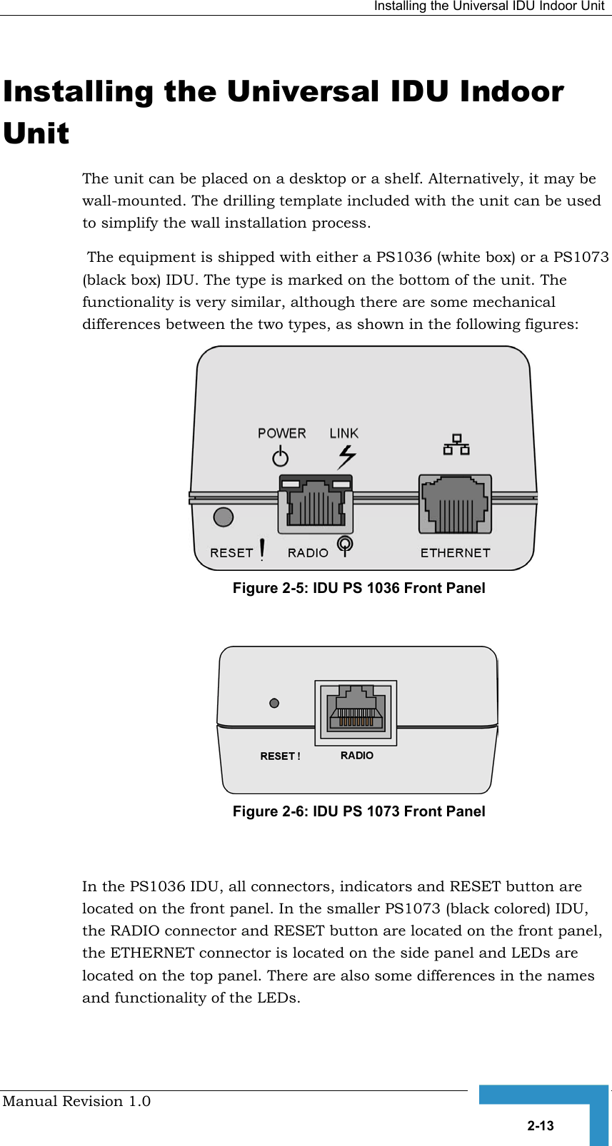   Installing the Universal IDU Indoor Unit Manual Revision 1.0   2-13 Installing the Universal IDU Indoor Unit The unit can be placed on a desktop or a shelf. Alternatively, it may be wall-mounted. The drilling template included with the unit can be used to simplify the wall installation process.  The equipment is shipped with either a PS1036 (white box) or a PS1073 (black box) IDU. The type is marked on the bottom of the unit. The functionality is very similar, although there are some mechanical differences between the two types, as shown in the following figures: Figure  2-5: IDU PS 1036 Front Panel  Figure  2-6: IDU PS 1073 Front Panel   In the PS1036 IDU, all connectors, indicators and RESET button are located on the front panel. In the smaller PS1073 (black colored) IDU, the RADIO connector and RESET button are located on the front panel, the ETHERNET connector is located on the side panel and LEDs are located on the top panel. There are also some differences in the names and functionality of the LEDs. 