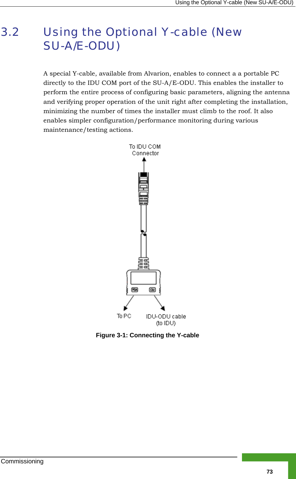   Using the Optional Y-cable (New SU-A/E-ODU) Commissioning   733.2 Using the Optional Y-cable (New SU-A/E-ODU) A special Y-cable, available from Alvarion, enables to connect a a portable PC directly to the IDU COM port of the SU-A/E-ODU. This enables the installer to perform the entire process of configuring basic parameters, aligning the antenna and verifying proper operation of the unit right after completing the installation, minimizing the number of times the installer must climb to the roof. It also enables simpler configuration/performance monitoring during various maintenance/testing actions. Figure  3-1: Connecting the Y-cable     