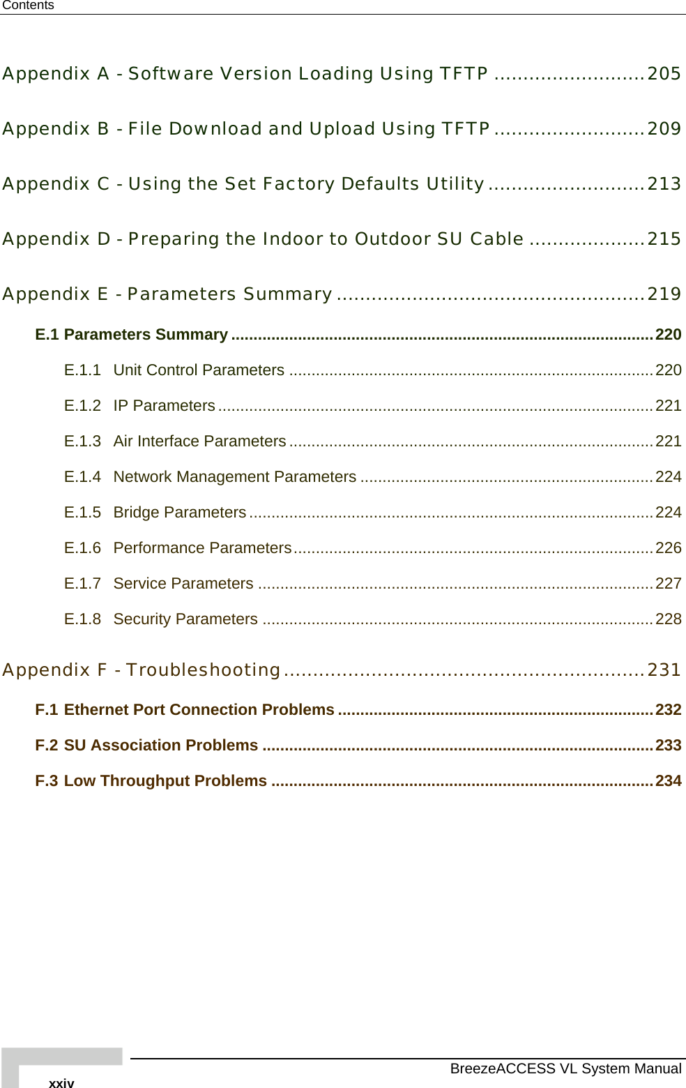 Contents   BreezeACCESS VL System Manual xxiv Appendix A - Software Version Loading Using TFTP ..........................205 Appendix B - File Download and Upload Using TFTP..........................209 Appendix C - Using the Set Factory Defaults Utility...........................213 Appendix D - Preparing the Indoor to Outdoor SU Cable ....................215 Appendix E - Parameters Summary.....................................................219 E.1 Parameters Summary ...............................................................................................220 E.1.1 Unit Control Parameters ..................................................................................220 E.1.2 IP Parameters ..................................................................................................221 E.1.3 Air Interface Parameters ..................................................................................221 E.1.4 Network Management Parameters ..................................................................224 E.1.5 Bridge Parameters ...........................................................................................224 E.1.6 Performance Parameters.................................................................................226 E.1.7 Service Parameters .........................................................................................227 E.1.8 Security Parameters ........................................................................................228 Appendix F - Troubleshooting..............................................................231 F.1 Ethernet Port Connection Problems .......................................................................232 F.2 SU Association Problems ........................................................................................233 F.3 Low Throughput Problems ......................................................................................234  