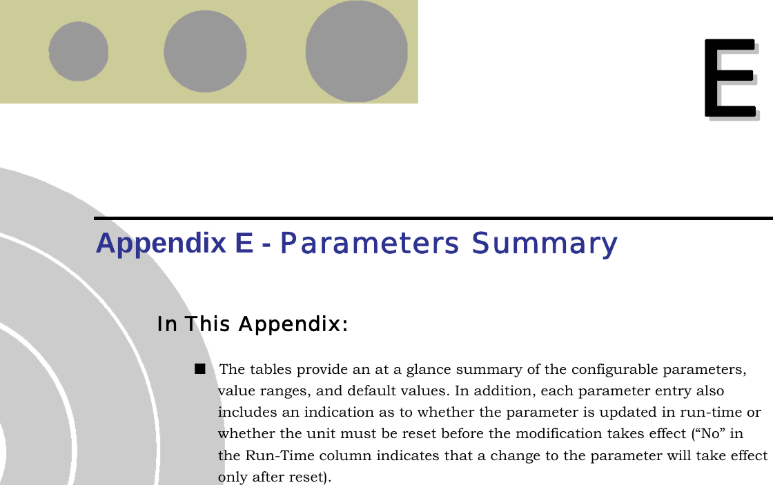   EE  Appendix E - Parameters Summary In This Appendix:  The tables provide an at a glance summary of the configurable parameters, value ranges, and default values. In addition, each parameter entry also includes an indication as to whether the parameter is updated in run-time or whether the unit must be reset before the modification takes effect (“No” in the Run-Time column indicates that a change to the parameter will take effect only after reset). 