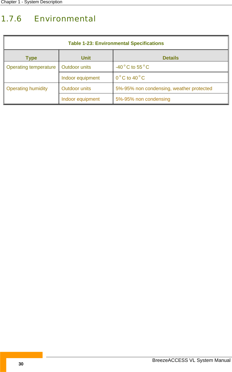 Chapter  1 - System Description   BreezeACCESS VL System Manual 30 1.7.6 Environmental  Table  1-23: Environmental Specifications Type  Unit  Details Outdoor units  -40 o C to 55 o C  Operating temperature Indoor equipment  0 o C to 40 o C Outdoor units  5%-95% non condensing, weather protected Operating humidity Indoor equipment  5%-95% non condensing   