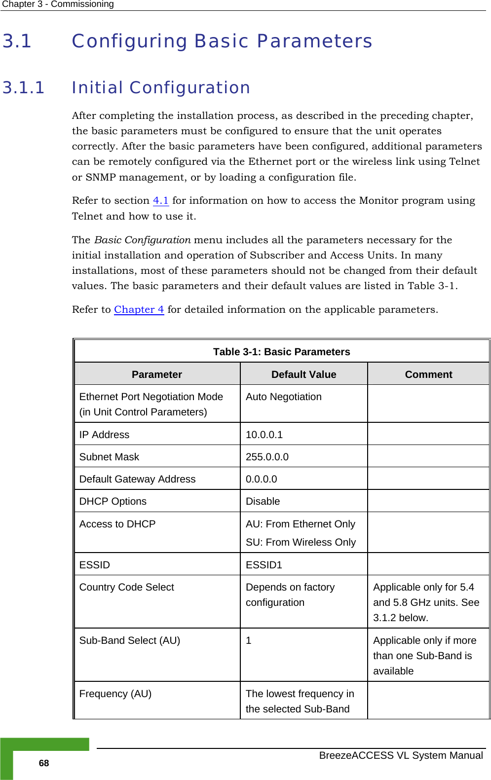 Chapter  3 - Commissioning   BreezeACCESS VL System Manual 68 3.1 Configuring Basic Parameters 3.1.1 Initial Configuration After completing the installation process, as described in the preceding chapter, the basic parameters must be configured to ensure that the unit operates correctly. After the basic parameters have been configured, additional parameters can be remotely configured via the Ethernet port or the wireless link using Telnet or SNMP management, or by loading a configuration file.  Refer to section  4.1 for information on how to access the Monitor program using Telnet and how to use it. The Basic Configuration menu includes all the parameters necessary for the initial installation and operation of Subscriber and Access Units. In many installations, most of these parameters should not be changed from their default values. The basic parameters and their default values are listed in Table  3-1.  Refer to Chapter 4 for detailed information on the applicable parameters.  Table  3-1: Basic Parameters Parameter  Default Value  Comment Ethernet Port Negotiation Mode (in Unit Control Parameters) Auto Negotiation   IP Address  10.0.0.1   Subnet Mask  255.0.0.0   Default Gateway Address  0.0.0.0   DHCP Options  Disable   Access to DHCP  AU: From Ethernet Only SU: From Wireless Only  ESSID ESSID1  Country Code Select  Depends on factory configuration Applicable only for 5.4 and 5.8 GHz units. See  3.1.2 below. Sub-Band Select (AU)  1  Applicable only if more than one Sub-Band is available Frequency (AU)  The lowest frequency in the selected Sub-Band  