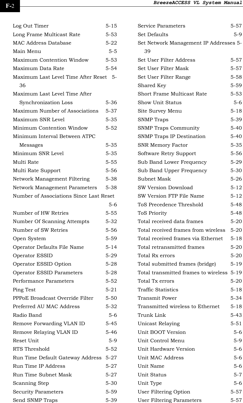 BreezeACCESS VL System Manual    F-2 Log Out Timer  5-15 Long Frame Multicast Rate  5-53 MAC Address Database  5-22 Main Menu  5-5 Maximum Contention Window  5-53 Maximum Data Rate  5-54 Maximum Last Level Time After Reset  5-36 Maximum Last Level Time After Synchronization Loss  5-36 Maximum Number of Associations  5-37 Maximum SNR Level  5-35 Minimum Contention Window  5-52 Minimum Interval Between ATPC Messages 5-35 Minimum SNR Level  5-35 Multi Rate  5-55 Multi Rate Support  5-56 Network Management Filtering  5-38 Network Management Parameters  5-38 Number of Associations Since Last Reset 5-6 Number of HW Retries  5-55 Number Of Scanning Attempts  5-32 Number of SW Retries  5-56 Open System  5-59 Operator Defaults File Name  5-14 Operator ESSID  5-29 Operator ESSID Option  5-28 Operator ESSID Parameters  5-28 Performance Parameters  5-52 Ping Test  5-21 PPPoE Broadcast Override Filter  5-50 Preferred AU MAC Address  5-32 Radio Band  5-6 Remove Forwarding VLAN ID  5-45 Remove Relaying VLAN ID  5-46 Reset Unit  5-9 RTS Threshold  5-52 Run Time Default Gateway Address  5-27 Run Time IP Address  5-27 Run Time Subnet Mask  5-27 Scanning Step  5-30 Security Parameters  5-59 Send SNMP Traps  5-39 Service Parameters  5-57 Set Defaults  5-9 Set Network Management IP Addresses 5-39 Set User Filter Address  5-57 Set User Filter Mask  5-57 Set User Filter Range  5-58 Shared Key  5-59 Short Frame Multicast Rate  5-53 Show Unit Status  5-6 Site Survey Menu  5-18 SNMP Traps  5-39 SNMP Traps Community  5-40 SNMP Traps IP Destination  5-40 SNR Memory Factor  5-35 Software Retry Support  5-56 Sub Band Lower Frequency  5-29 Sub Band Upper Frequency  5-30 Subnet Mask  5-26 SW Version Download  5-12 SW Version FTP File Name  5-12 ToS Precedence Threshold  5-48 ToS Priority  5-48 Total received data frames  5-20 Total received frames from wireless  5-20 Total received frames via Ethernet  5-18 Total retransmitted frames  5-20 Total Rx errors  5-20 Total submitted frames (bridge)  5-19 Total transmitted frames to wireless  5-19 Total Tx errors  5-20 Traffic Statistics  5-18 Transmit Power  5-34 Transmitted wireless to Ethernet  5-18 Trunk Link  5-43 Unicast Relaying  5-51 Unit BOOT Version  5-6 Unit Control Menu  5-9 Unit Hardware Version  5-6 Unit MAC Address  5-6 Unit Name  5-6 Unit Status  5-7 Unit Type  5-6 User Filtering Option  5-57 User Filtering Parameters  5-57 